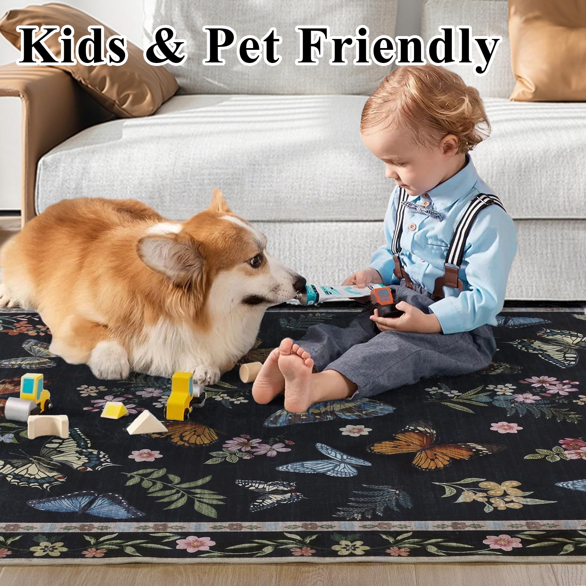 Insect Floral Area Rug, Machine Washable Area Rug Non-Slip Low Pile Large Bedroom Rug Stain Resistant Throw Rug Carpet