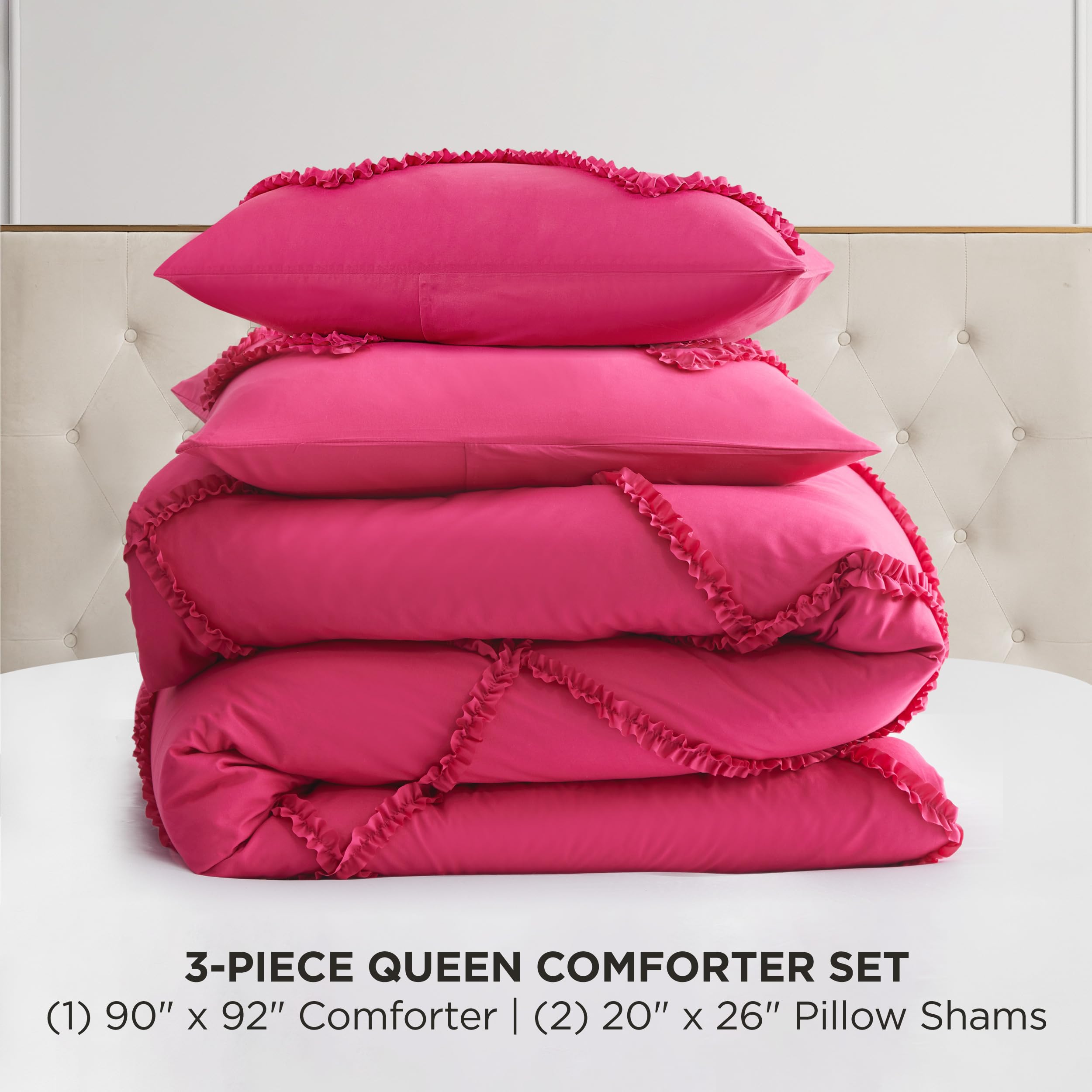 Juicy Couture Diamond Queen Comforter Set - Ruffle 3-Piece Machine Washable Reversible Bedding Comforter Set
