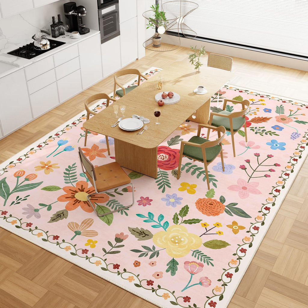 Washable Floral Rugs with Non Slip Backing, Stain Resistant, Floral Soft Low-Pile