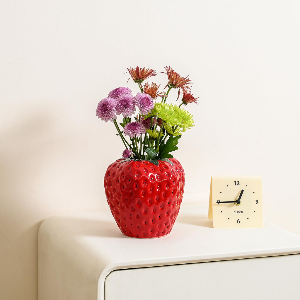 Strawberry Vase for Flowers, Dusty Pink Ceramic Fruit Vase, Strawberry Shaped Planter Pot with Green Leaves and Black Seeds Decor