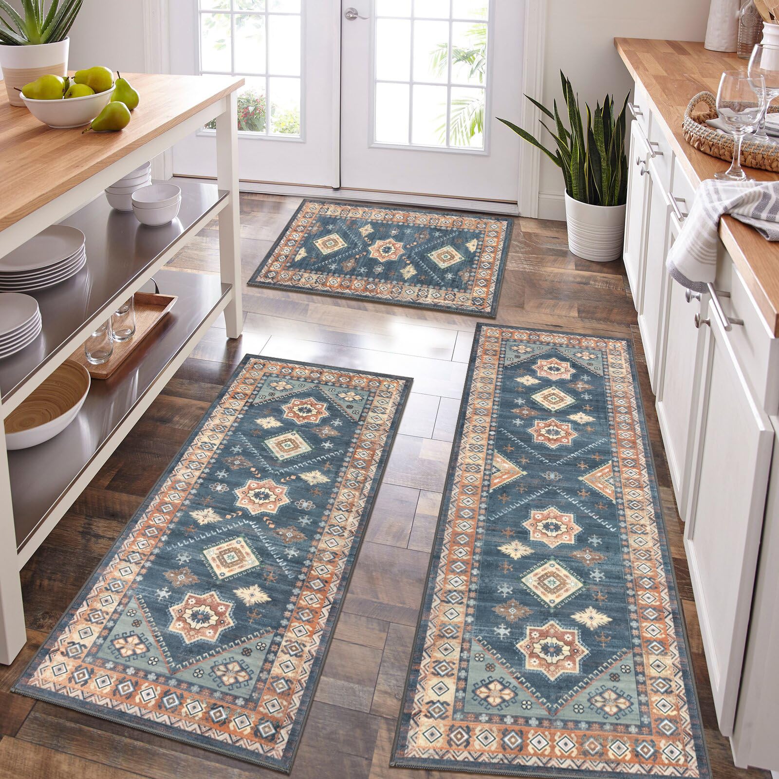 Thick Boho Kitchen Rug Sets 3 Piece with Runner Non Slip Kitchen Rugs and Mats Washable Kitchen Mats