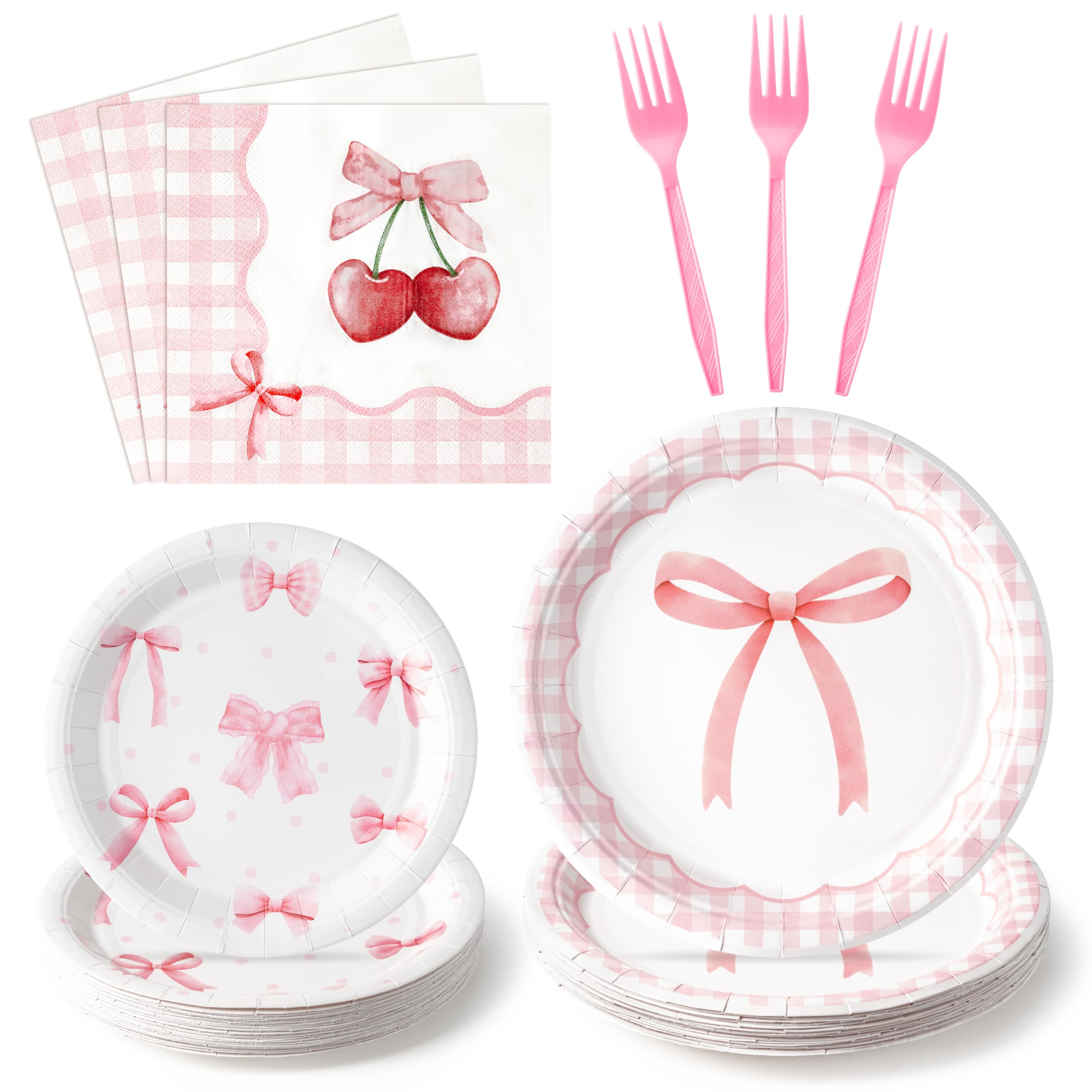 Coquette Cute Bow Party Tableware Decorations - Disposable Paper Plates Napkins Forks