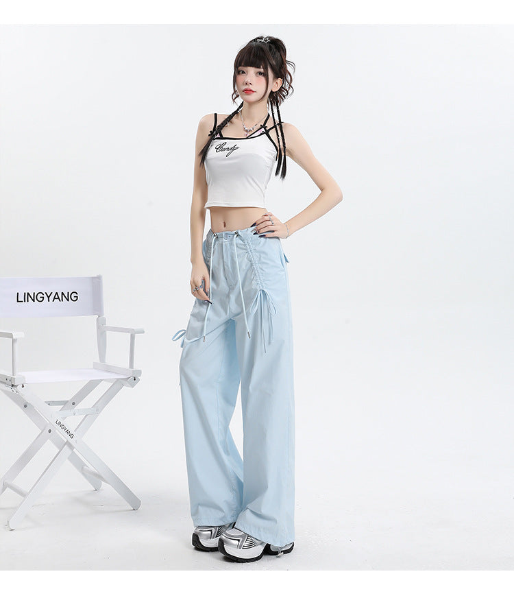 Straight Cargo Pants Women Bow Drawstring Wide Leg Track Pants