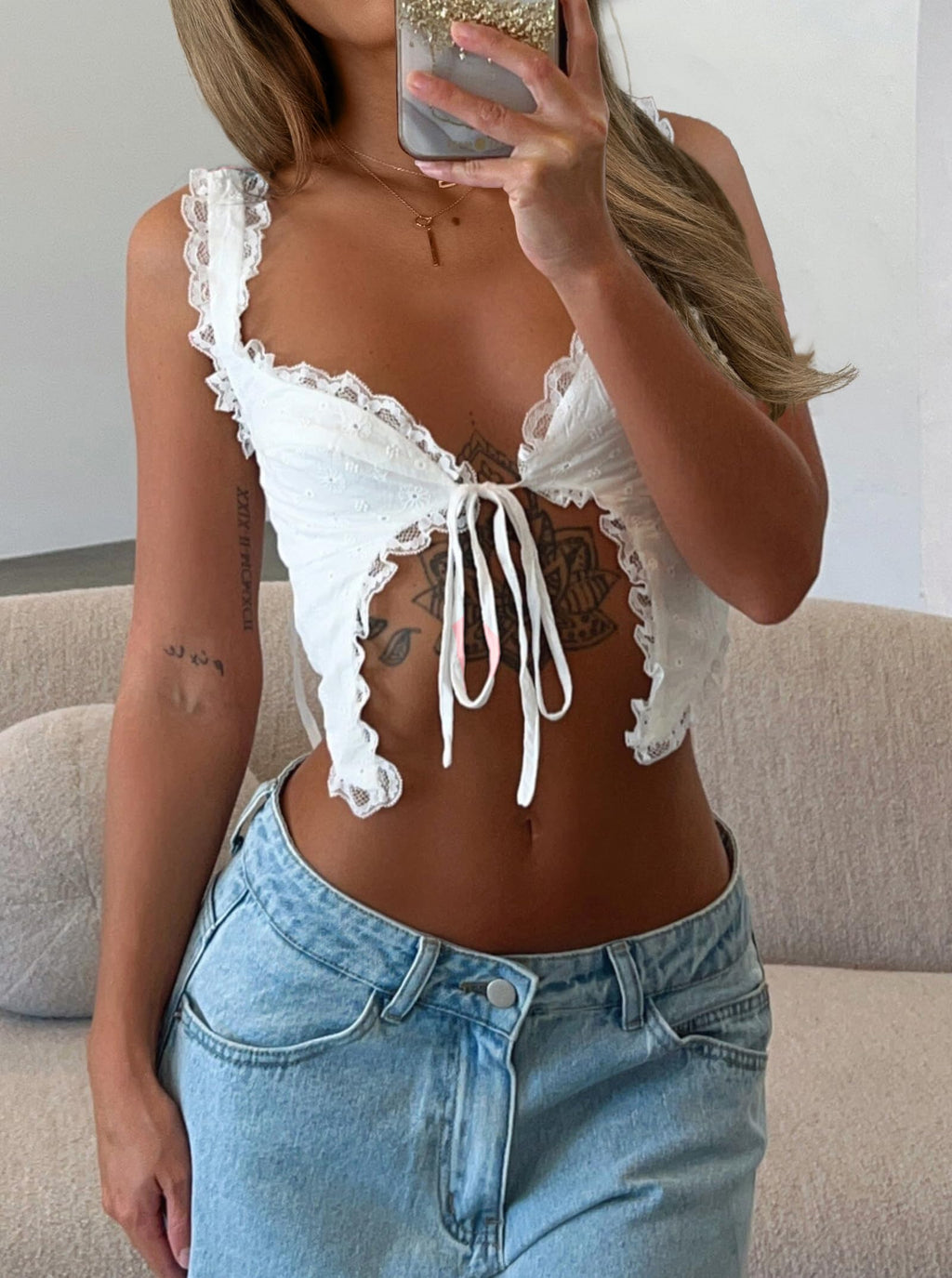 Women's Eyelet Embroidery Lace Trim Tie Front Crop Top and Mini Skirt Set Summer 2 Pieces Outfits