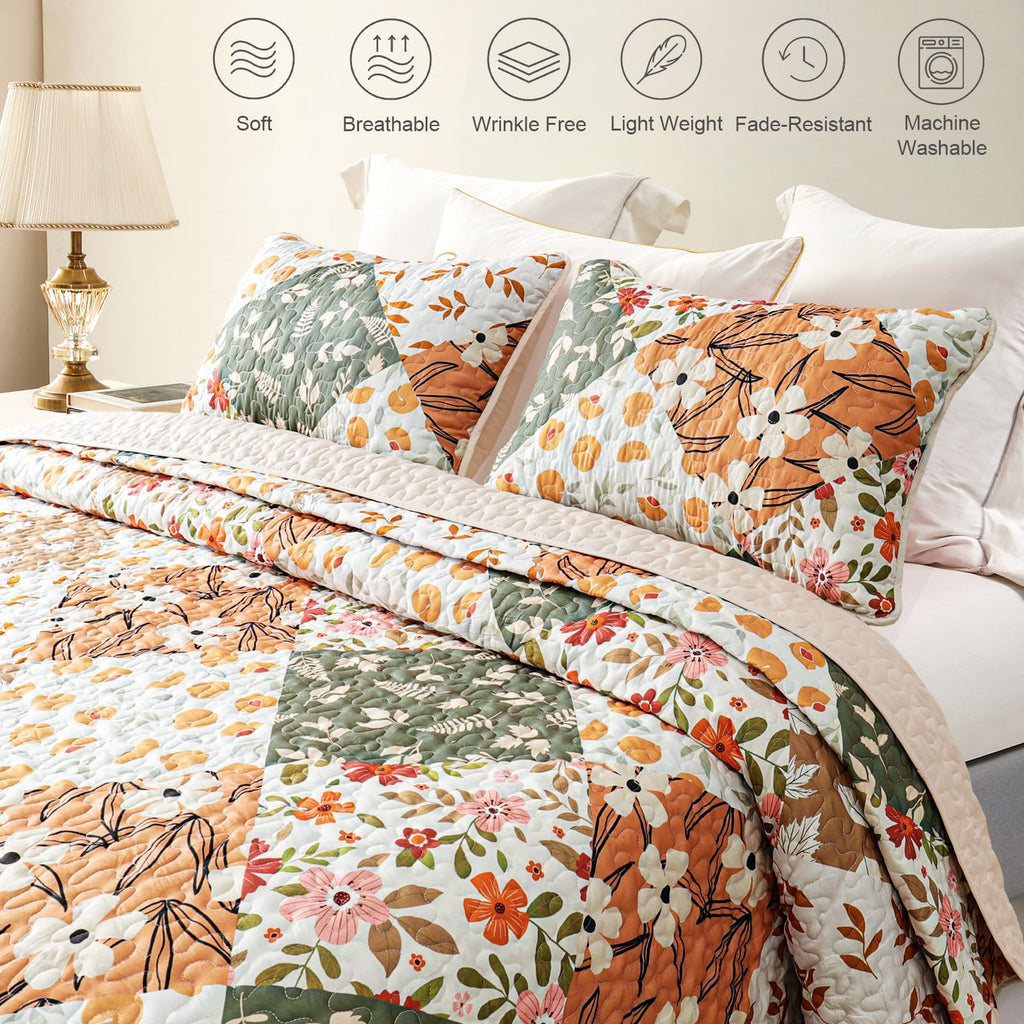 Reversible Patchwork Quilts Full Size, Lightweight Boho Printed Bedspreads Coverlets Quilt Bedding Set with 2 Pillow Shams