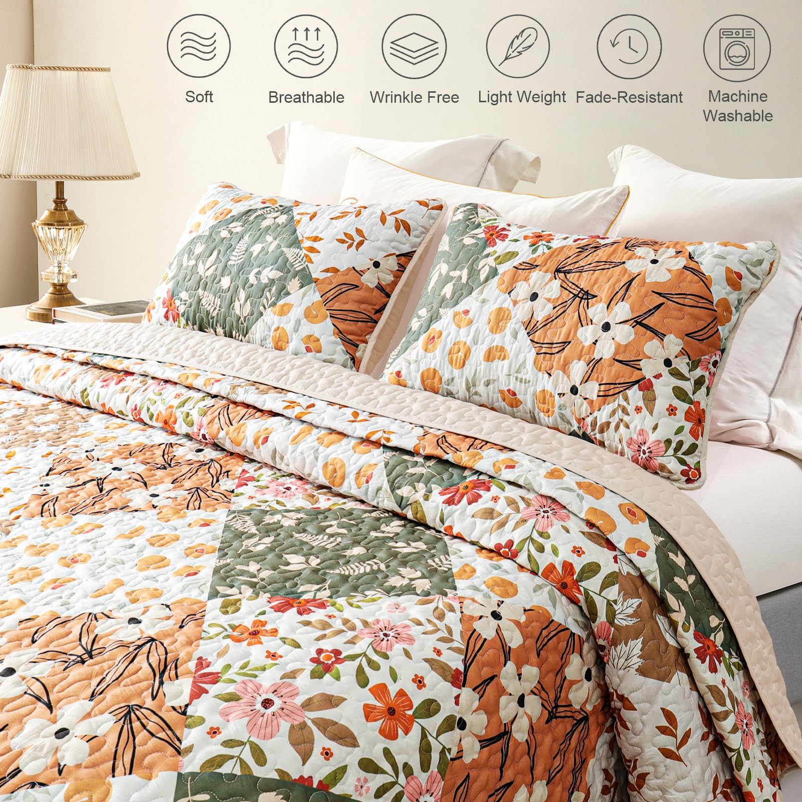 Reversible Patchwork Quilts Full Size, Lightweight Boho Printed Bedspreads Coverlets Quilt Bedding Set with 2 Pillow Shams