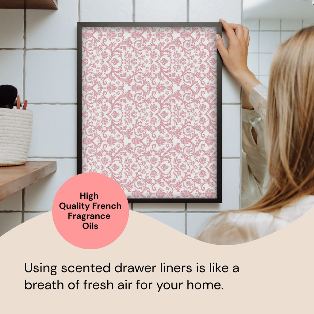 Scented Drawer Liners - Non-Adhesive Paper Sheets for Closet Shelves, Cabinet, Home Essentials & Dresser - 14 x 19.5 Inch Royal Damask Print Drawer Liner - Coquette Room Decor