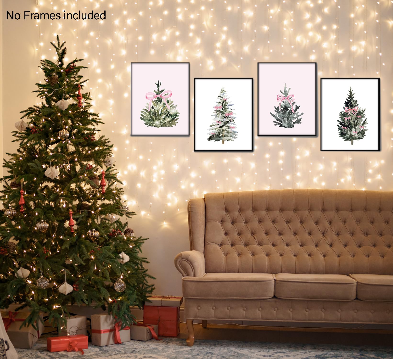 Pink Wall Art Bow Themed Party Decorations 8x10, Pink and White Room Decor, Set of 4