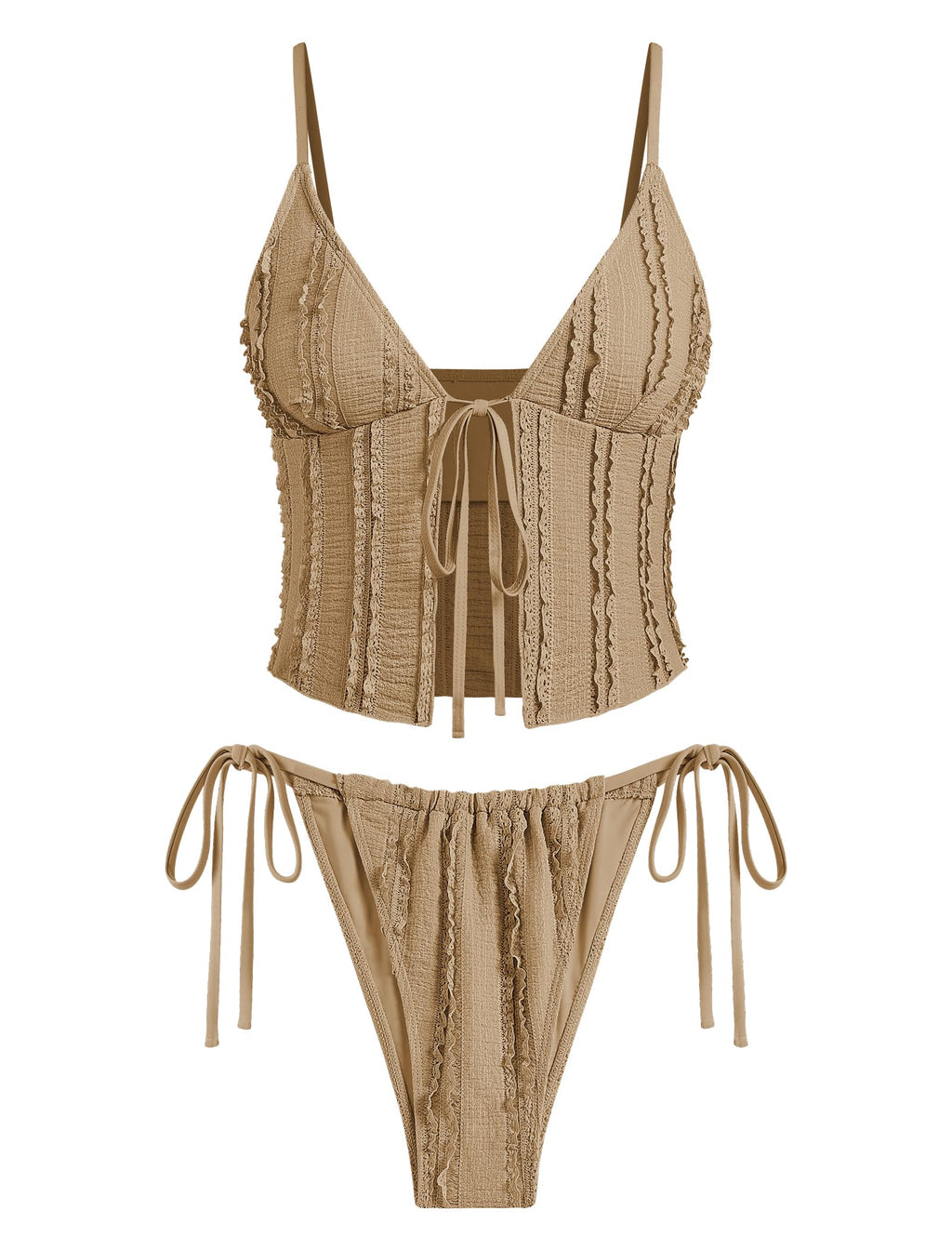 Tankini Swimsuits for Women Smocked Ruffles Tie Front Bowknot Textured High Cut Tanga Tankini Set