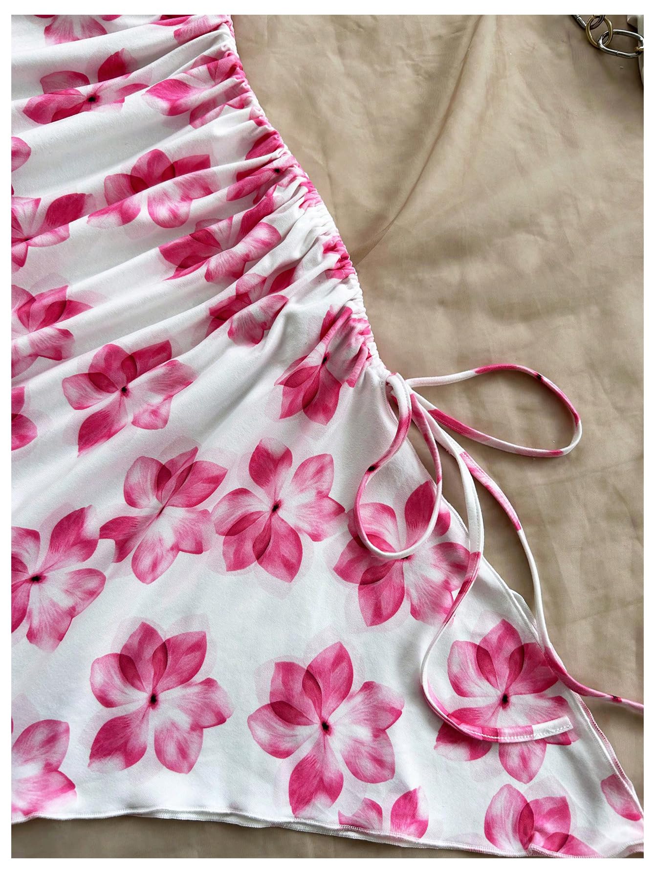 Women's Floral Print Halter Dress Sleeveless Drawstring Asymmetrical Hem Bodycon Dress