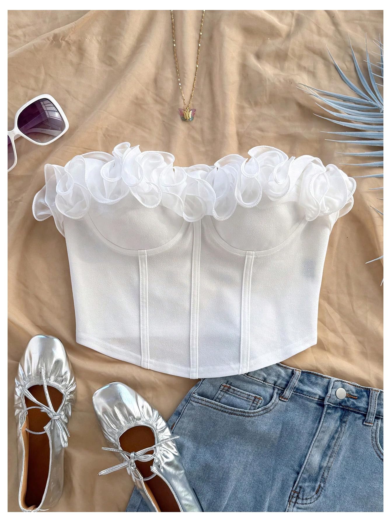 Women's Coquette Ruffle Trim Corset Tops Sleeveless Summer Tube Crop Tops