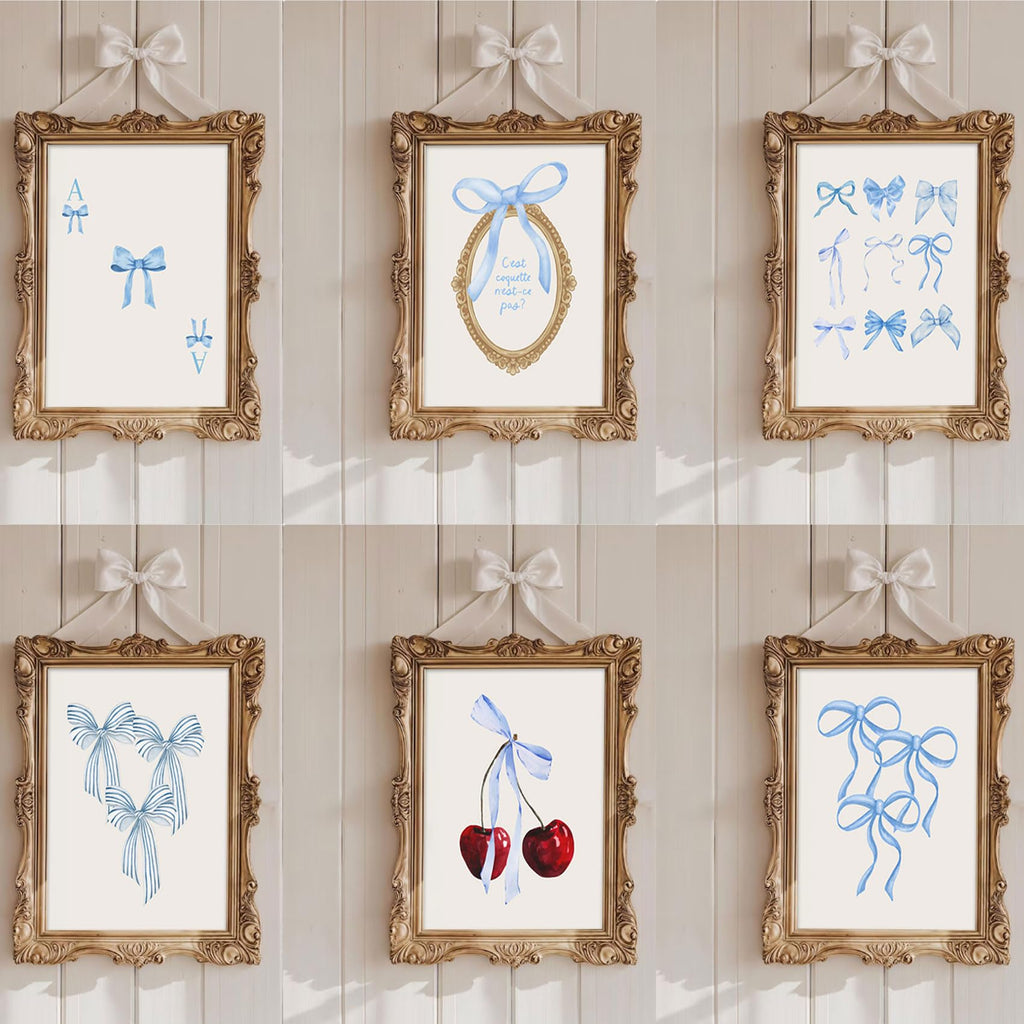 Coquette 6pcs Blue Bow Canvas Wall Art Preppy Decor Trendy Red Cherry Mirror Posters Room Decoration Unframed
