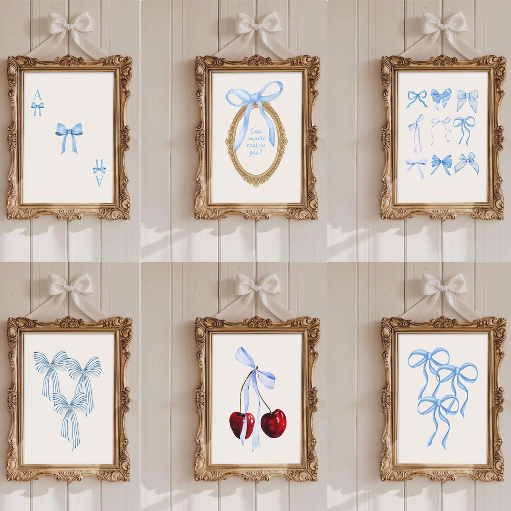 Coquette 6pcs Blue Bow Canvas Wall Art Preppy Decor Trendy Red Cherry Mirror Posters Room Decoration Unframed