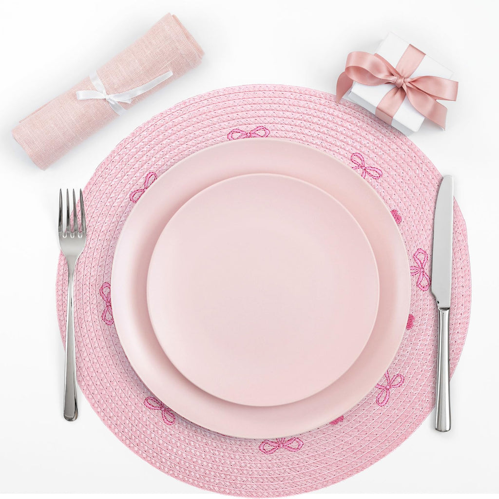 Whaline 4Pcs Round Placemats Pink Bow Embroidered Place Mats Coquette Bow Dinner Table Mats for Home Wedding Baby Shower Birthday Party Decor
