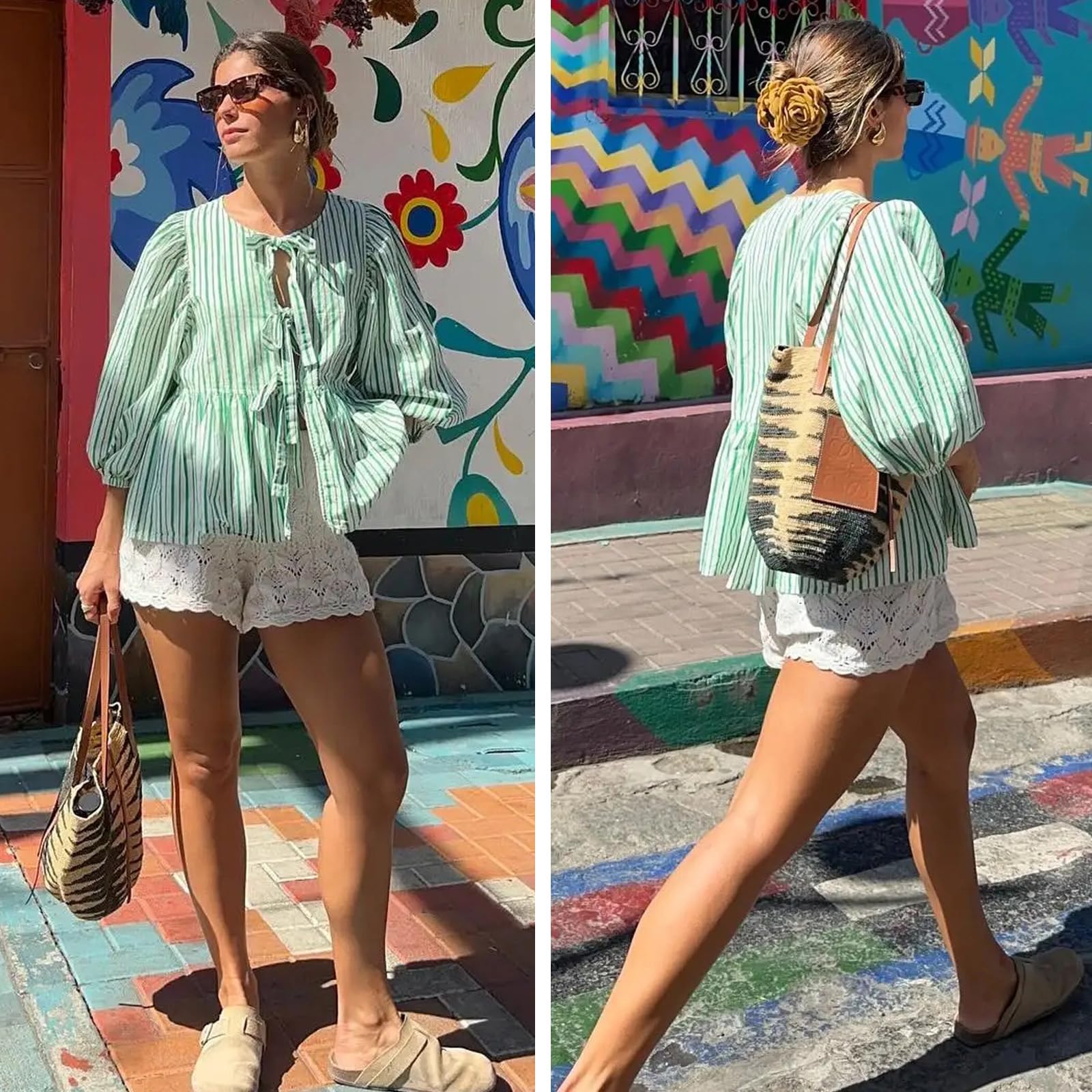 Tie Front Tops Womens Y2k Print Peplum Babydoll Top 3/4 Length Puff Sleeve Coquette Cute Going Out Tops