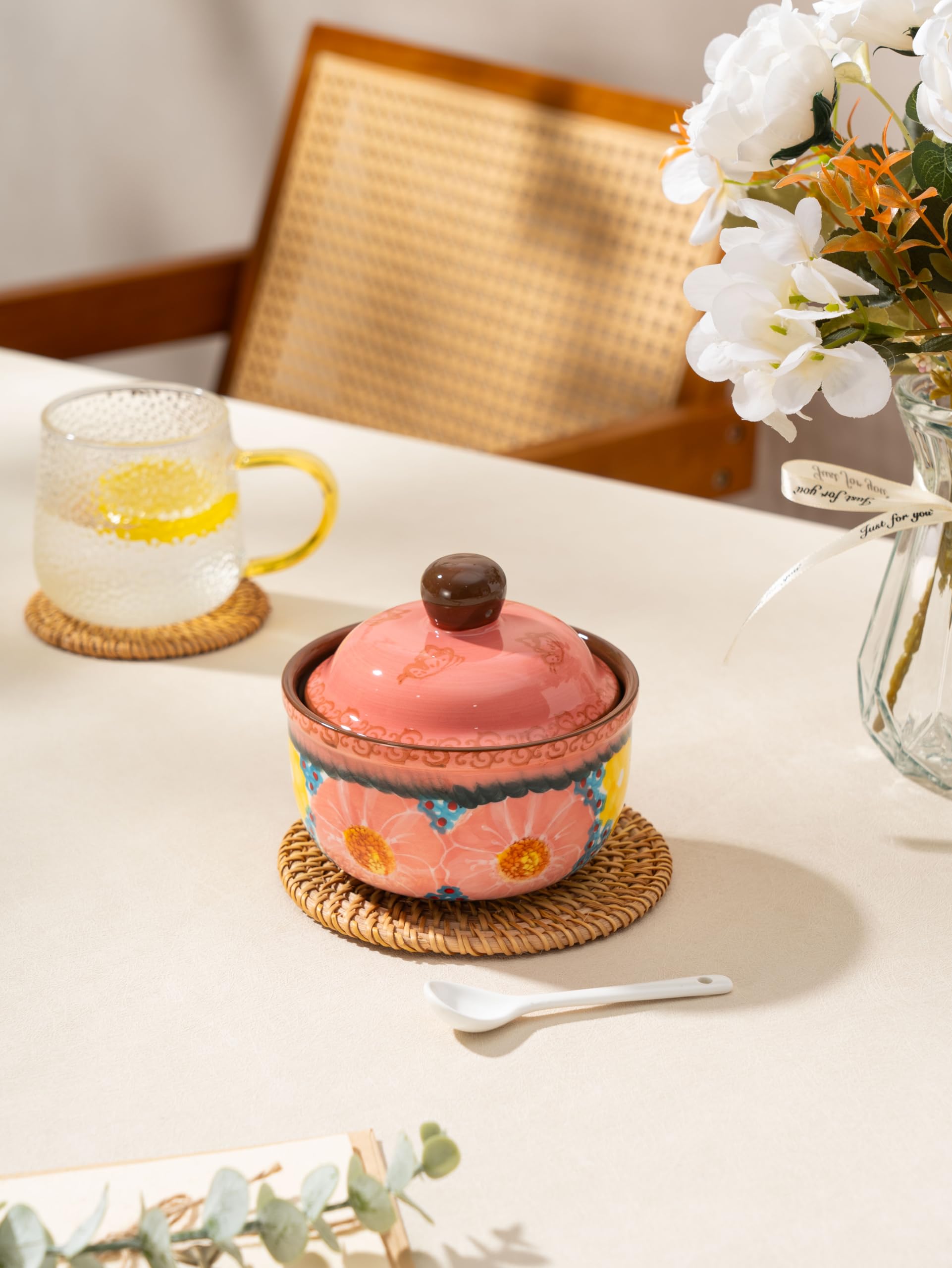 Handmade Sugar Bowl with Lid and Spoon, 10 Ounce Ceramic Hand-Painted Sugar Jar for Kitchen Oven, Dishwasher & Microwave Safe, Glazed