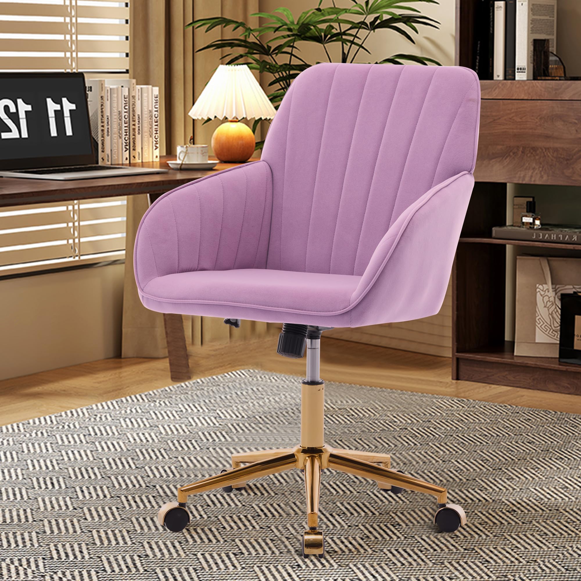 Modern Vanity Velvet Adjustable Low Back Rolling Chair, Twill Upholstered Cute Chair with Wheels