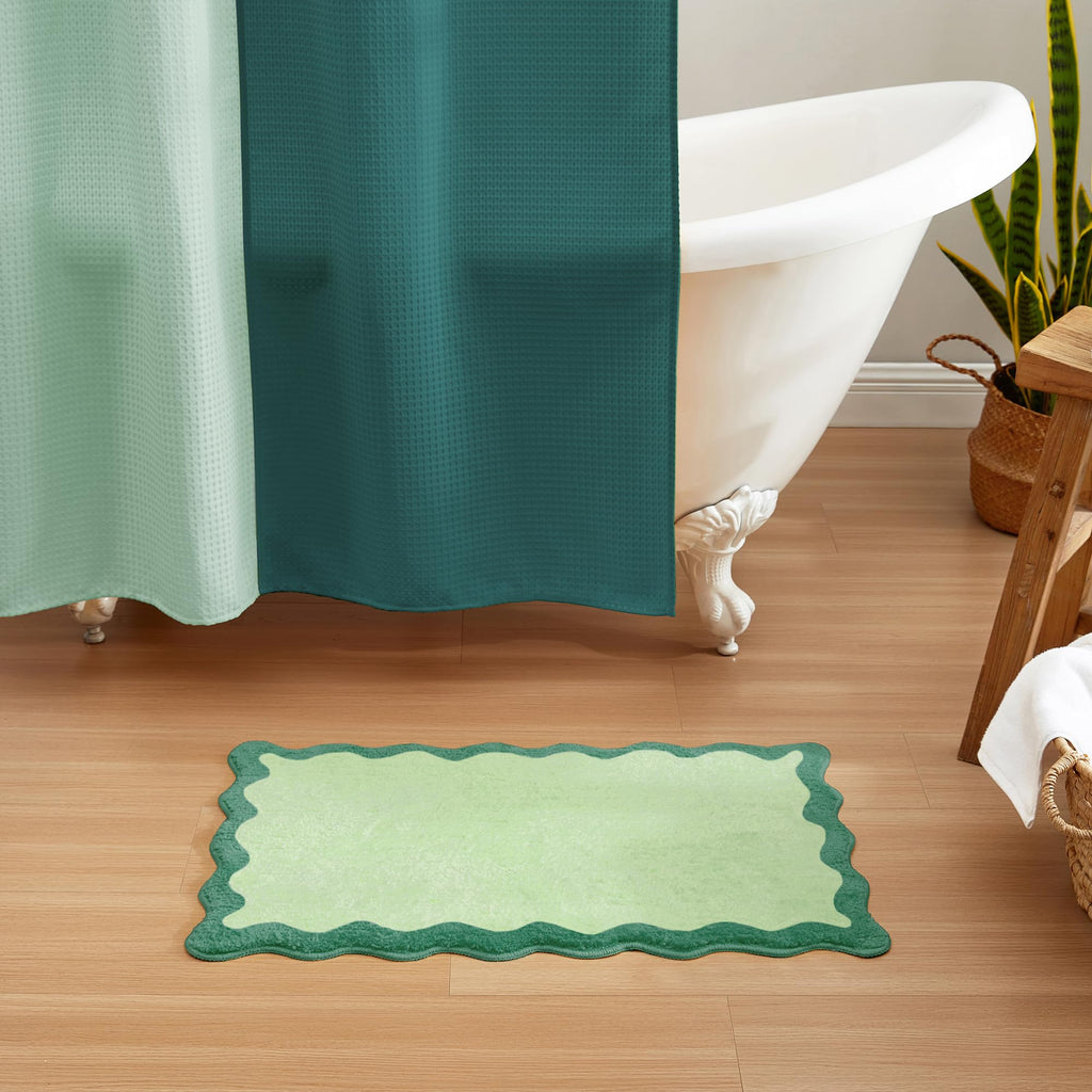Wavy Bath Mat with Scalloped Ripple Design, Microfiber Absorbent Non Slip Tufted Rug