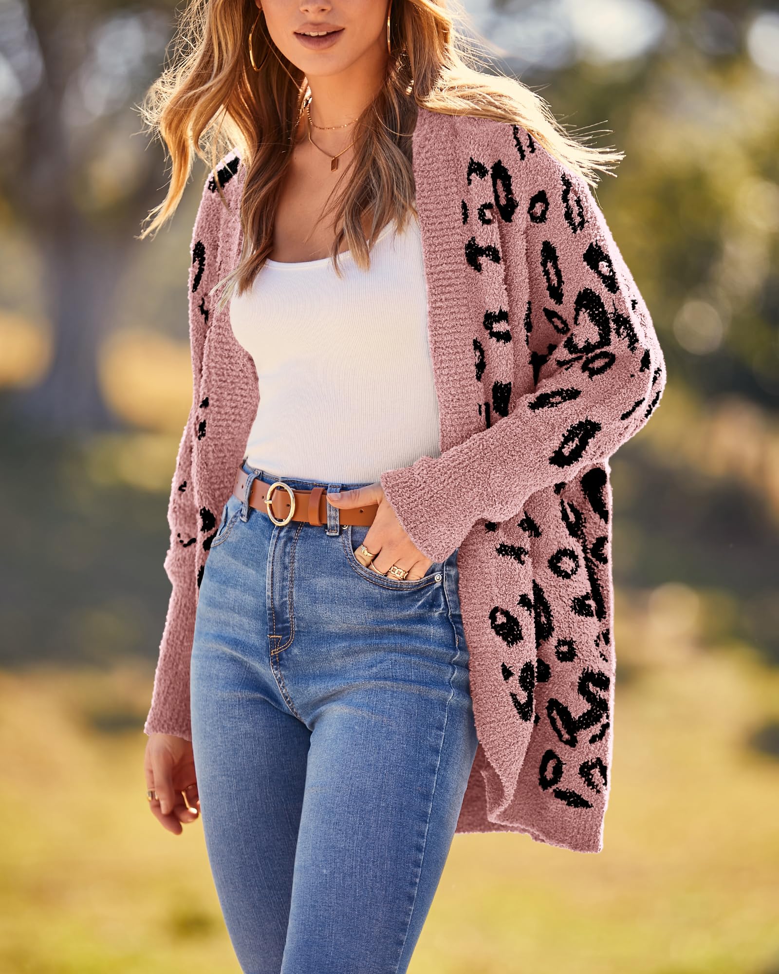 Women Fashion Leopard Print Long Sleeve Sweater Cardigan Loose Knit Open Front Fall Winter Outwear Coats