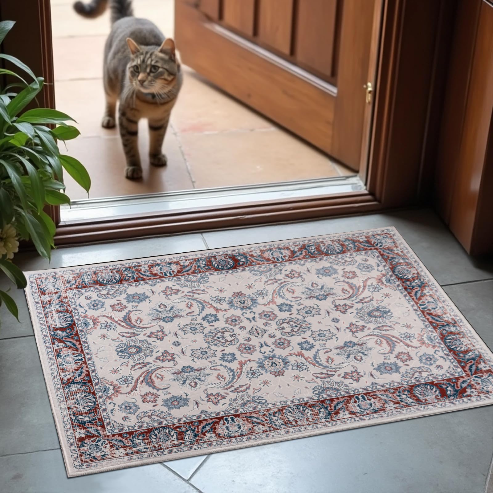 Washable Area Rugs Door Mat Entryway Vintage Floral Non-Slip Low Pile Entrance Thin Rug Carpet for Kitchen Bathroom Living Room Pink