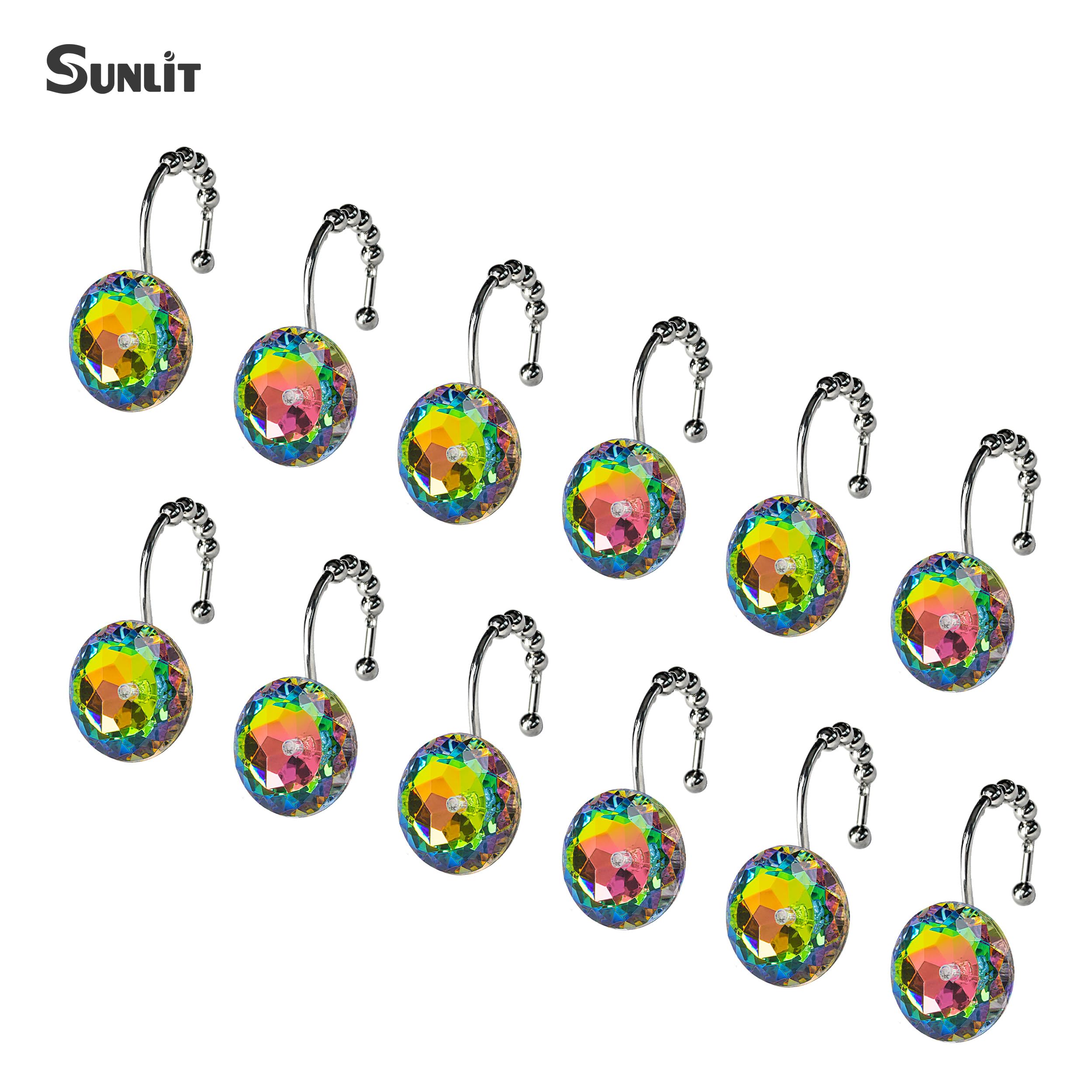 Luxury Design Round Diamond Crystal Gem Bling with Glide Balls Shower Curtain Hooks, Rust Proof Metal Rhinestones Glam Shower Curtain Rings-12 Pack