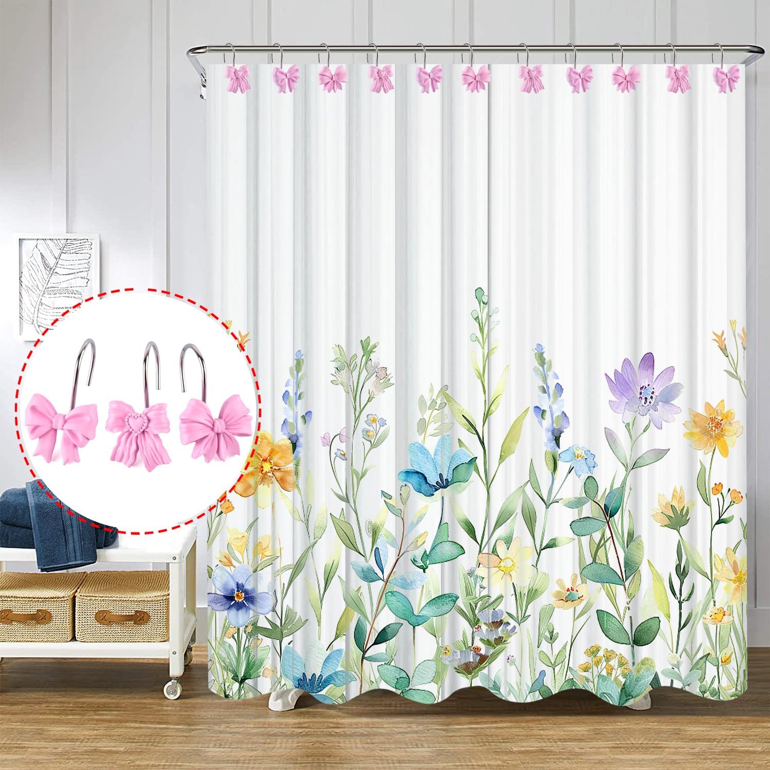 Pink Bow Knot Resin Shower Curtain Hooks Rings for Bathroom 12 PCS