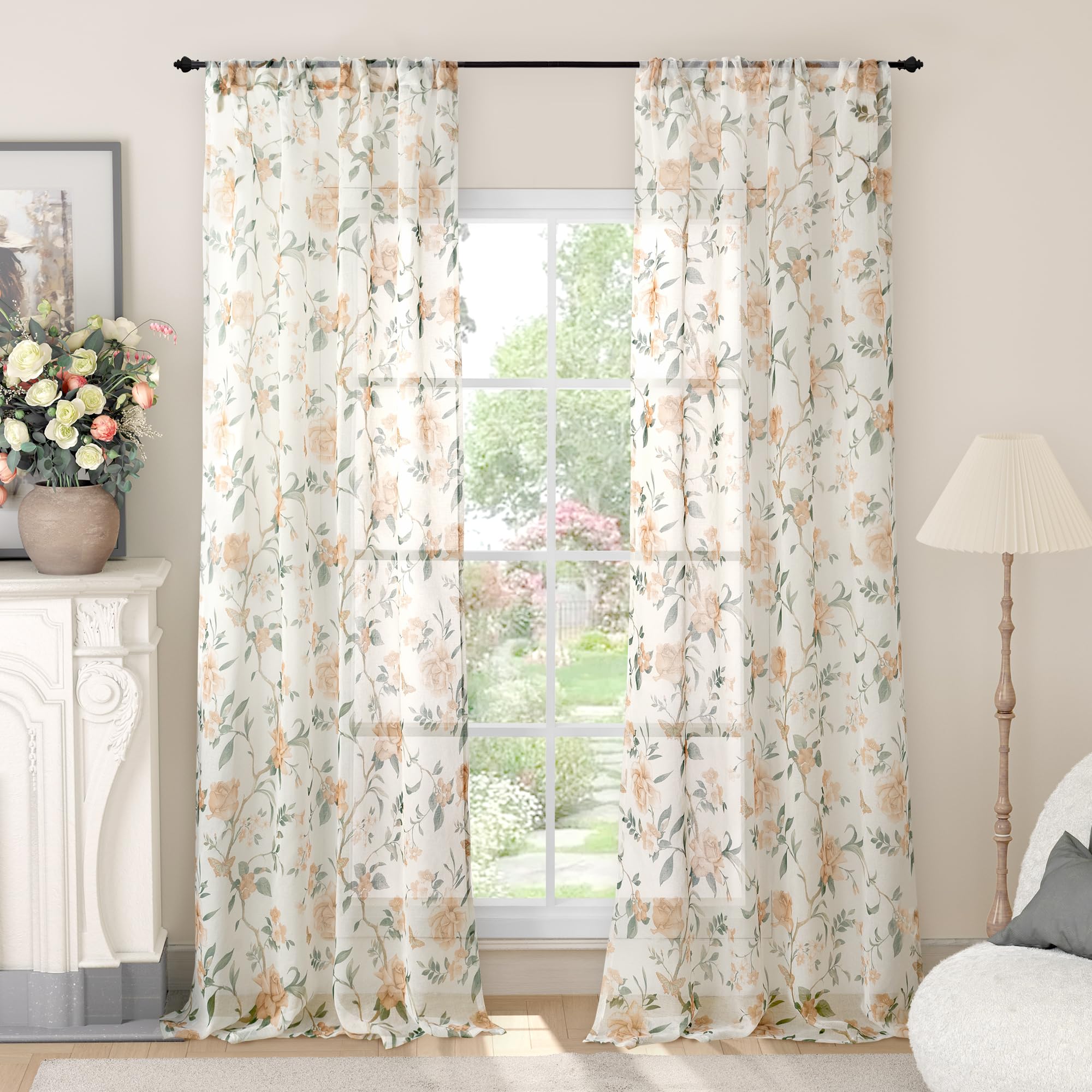 Floral Sheer Curtains, Vintage Light Filtering Semi-Sheer Linen Curtains