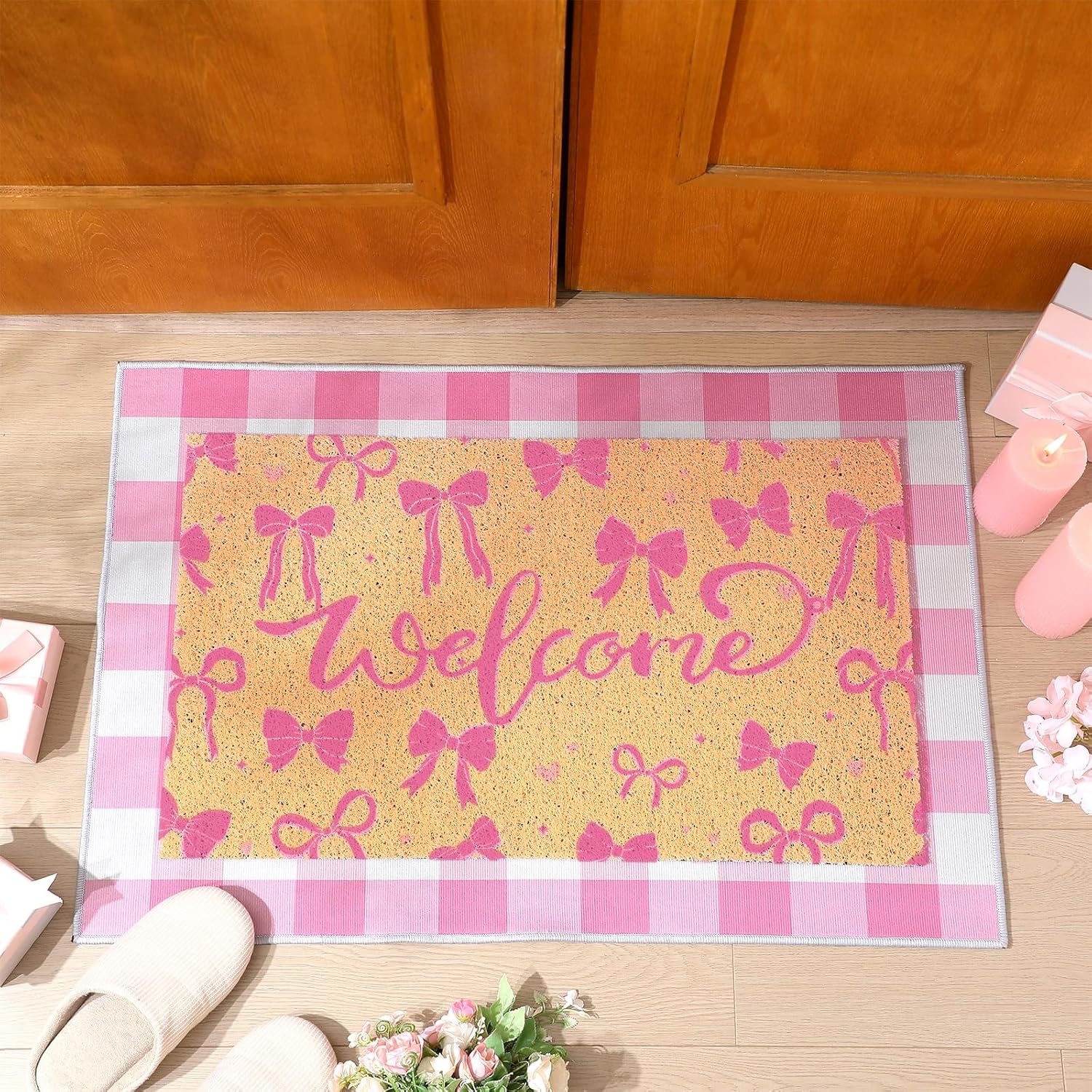 Pink Coquette Bow Door Mat Pink White Checkered Welcome Mat Watercolor Floor Rugs Bow Printed Doormat 2 Pcs