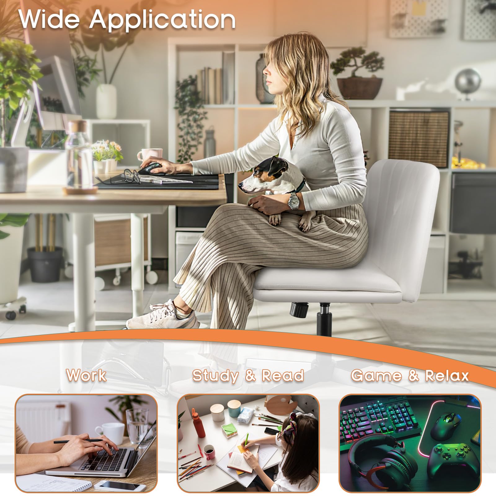 Criss Cross Chair, Armless Cross Legged Office Desk Chair No Wheels, Fabric Padded Modern Swivel Height Adjustable Mid Back Wide Seat