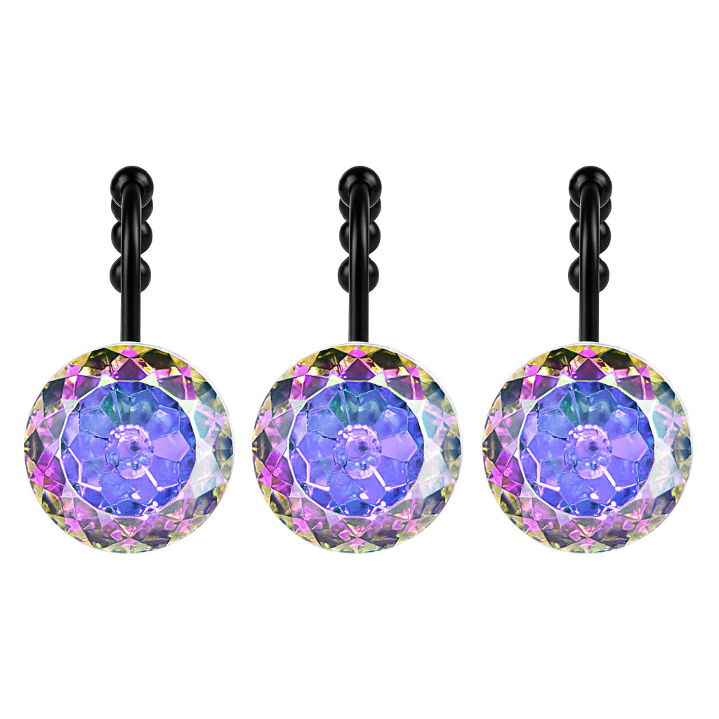 Luxury Design Round Diamond Crystal Gem Bling with Glide Balls Shower Curtain Hooks, Rust Proof Metal Rhinestones Glam Shower Curtain Rings-12 Pack