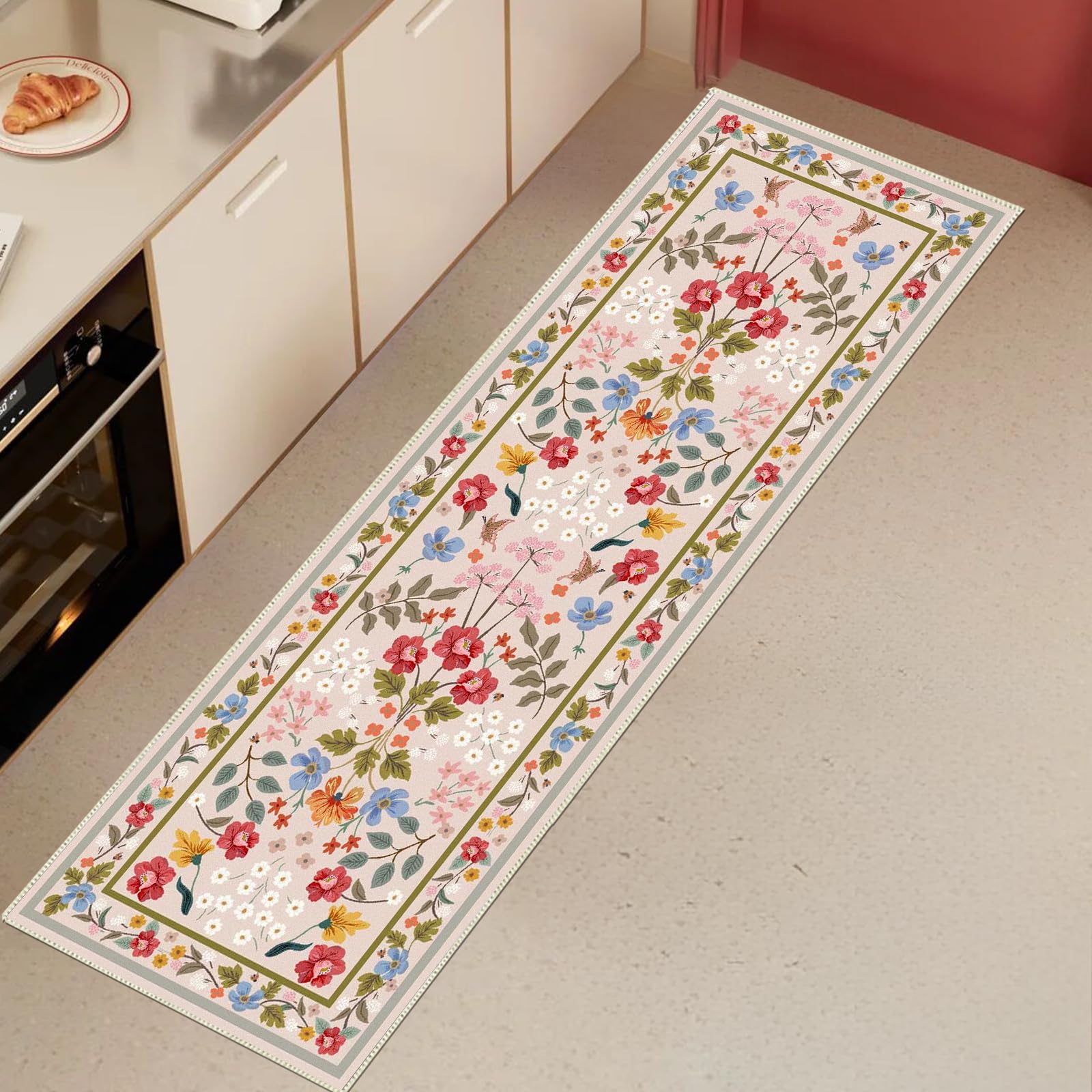Washable Area Rug Non-Slip Area Rugs for Bedroom Soft Faux Wool Floral Rug with Rubber Backing Indoor Boho Area Rug