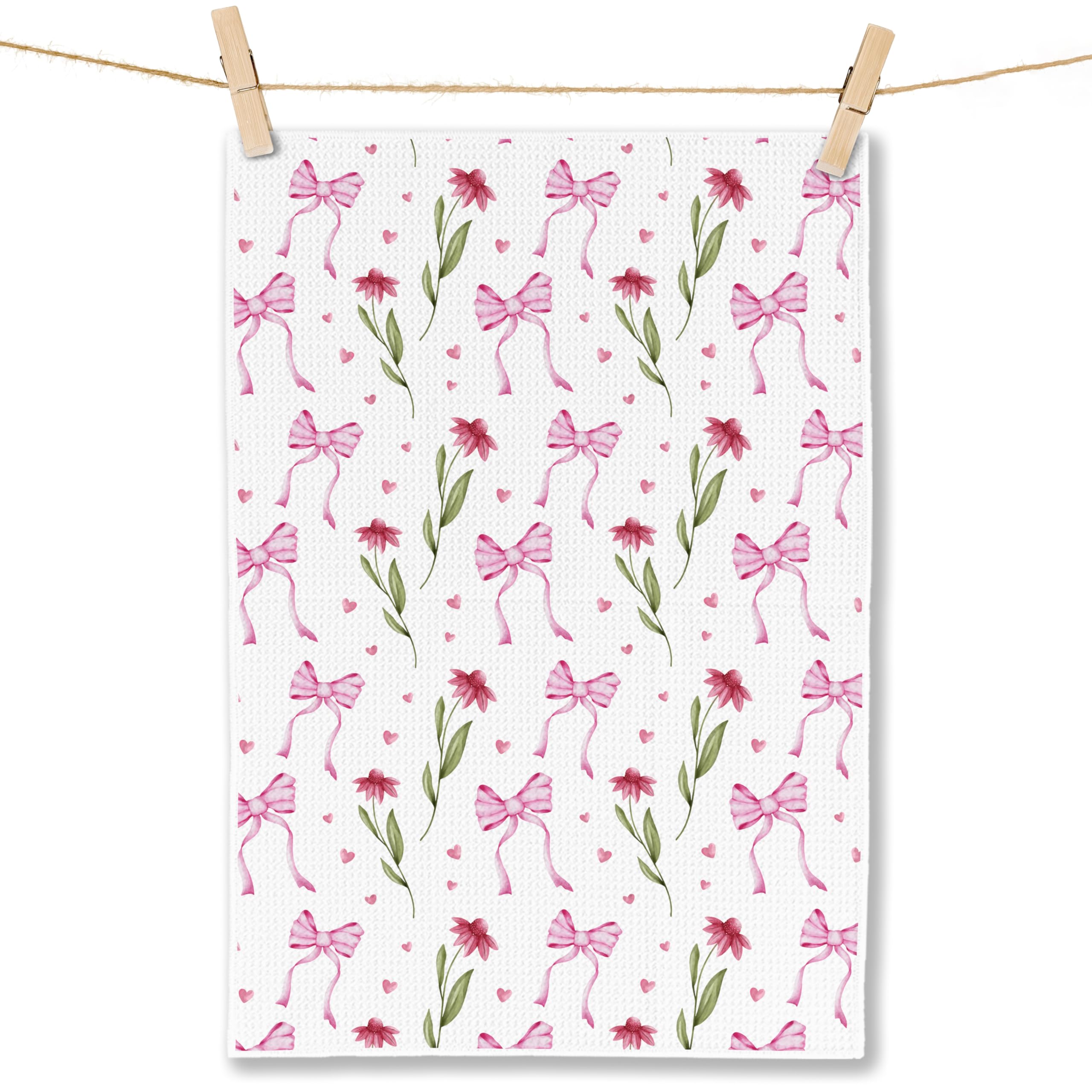 Coquette Bow Floral Kitchen Towels, Preppy Bow Dish Tea Towels for Kitchen Decor, Rustic Cottagecore Botanical Hand Towels for Bathroom Decor, 16x24 Inch
