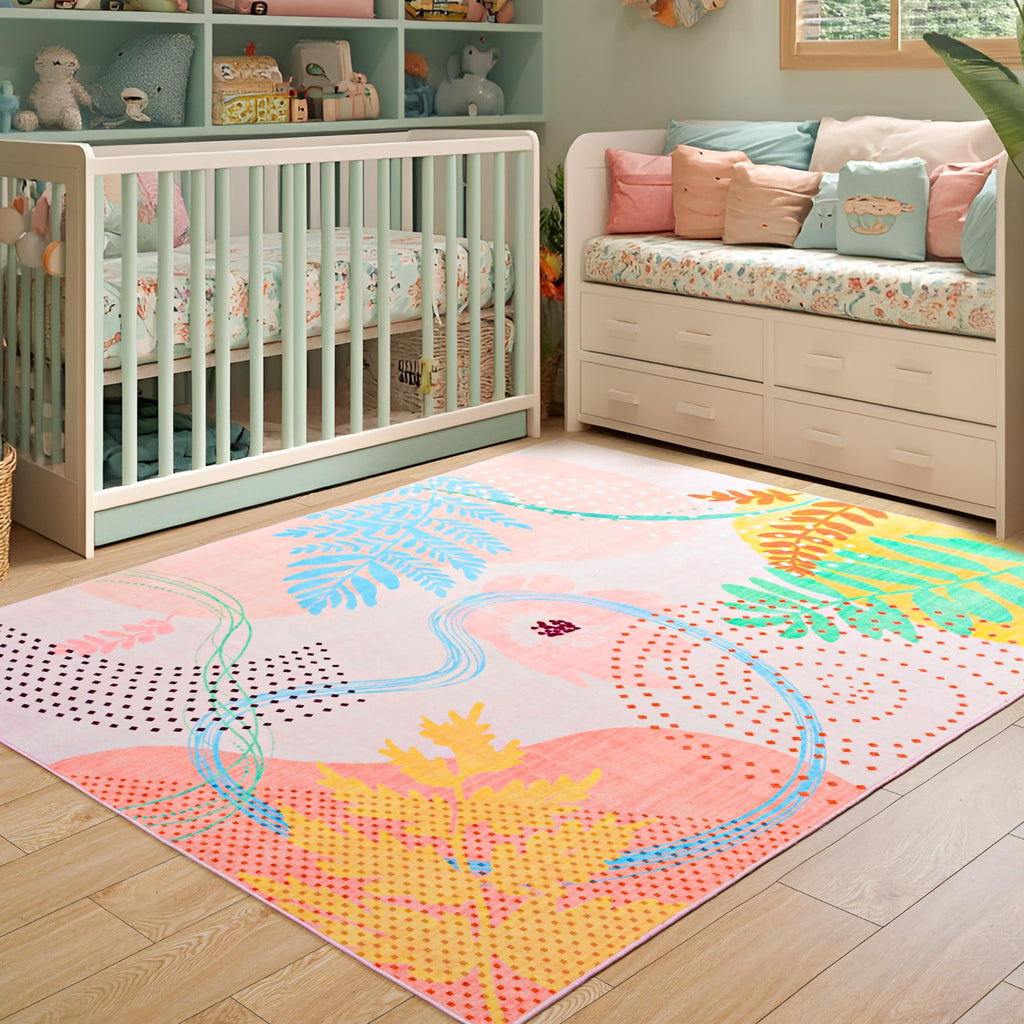 Faux Wool Boho Floral Area Rug Abstract Print Soft Carpet, TPR Non-Slip Backing, Machine Washable Low Pile Rug