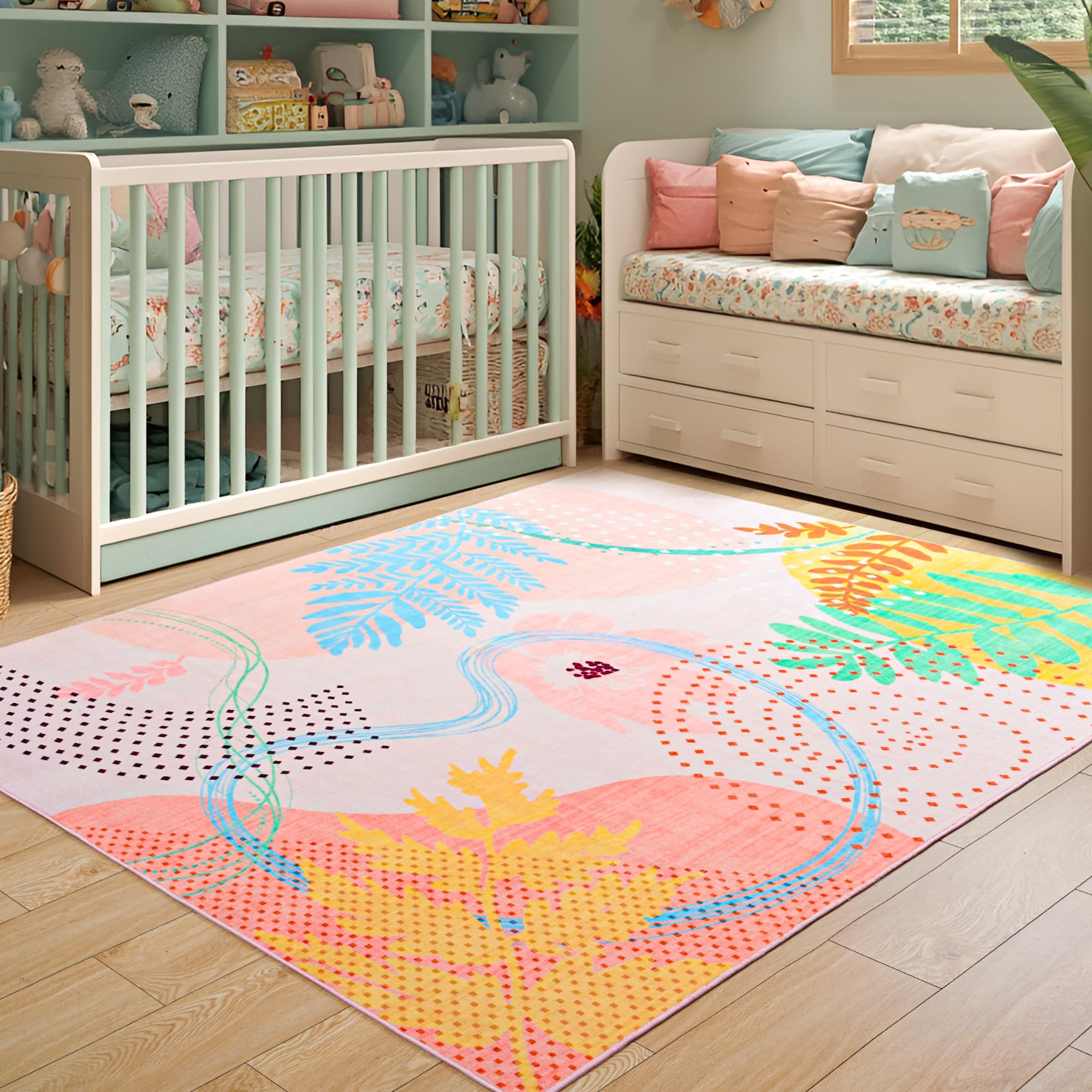 Faux Wool Boho Floral Area Rug Abstract Print Soft Carpet, TPR Non-Slip Backing, Machine Washable Low Pile Rug