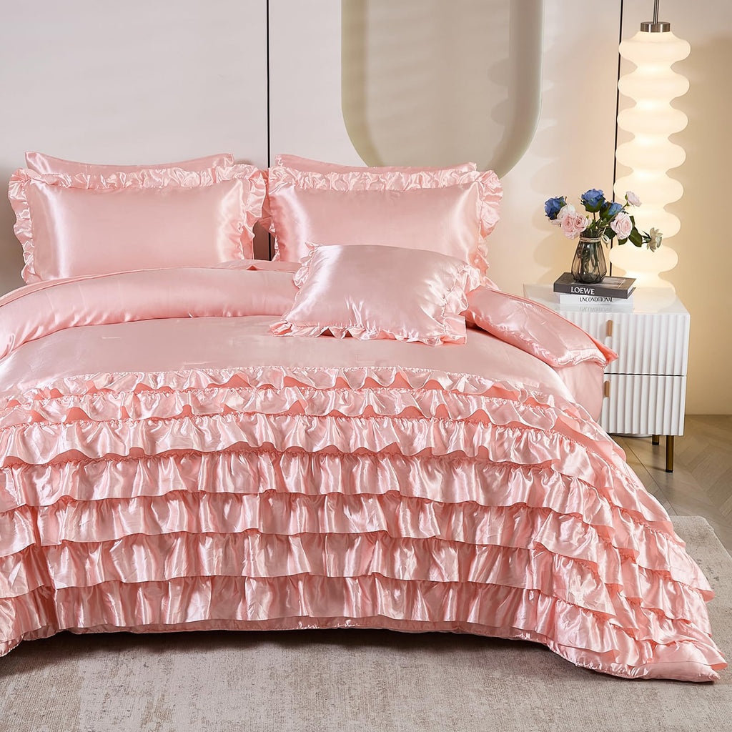 Ruffle Comforter Set 8 Pieces Satin Comforter Set with Sheet Set - Waterfall Ruffle Design Luxurious Silky Comforter Set