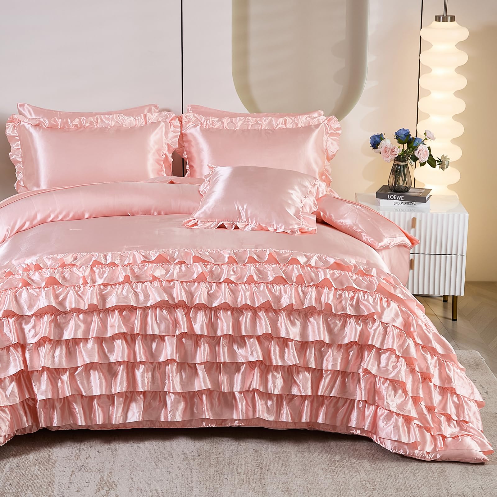 Ruffle Comforter Set 8 Pieces Satin Comforter Set with Sheet Set - Waterfall Ruffle Design Luxurious Silky Comforter Set