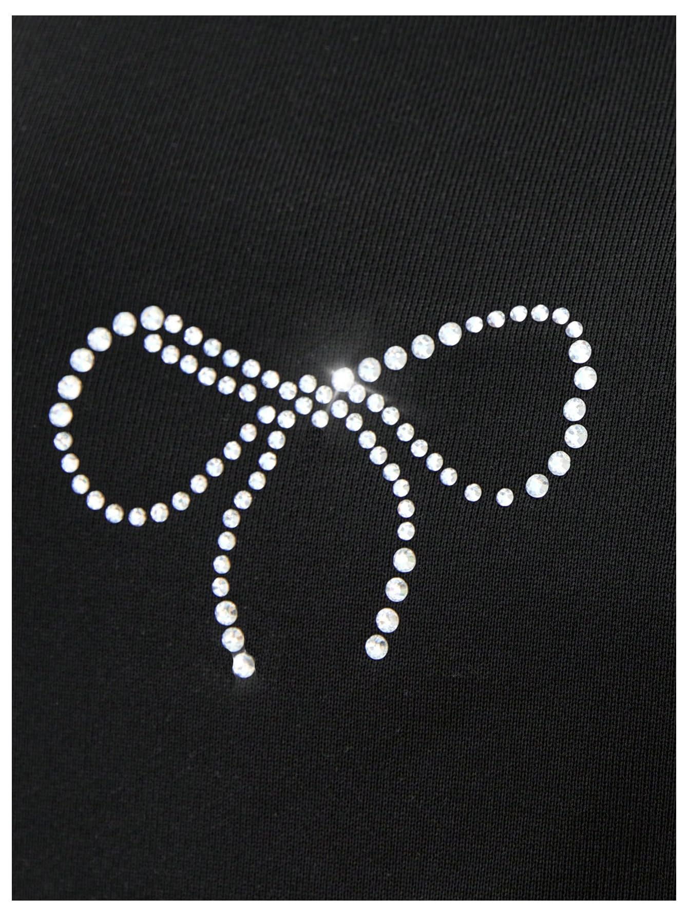 Women's Bow Sweatshirt Rhinestone Long Sleeve Crew Neck Loose Tops