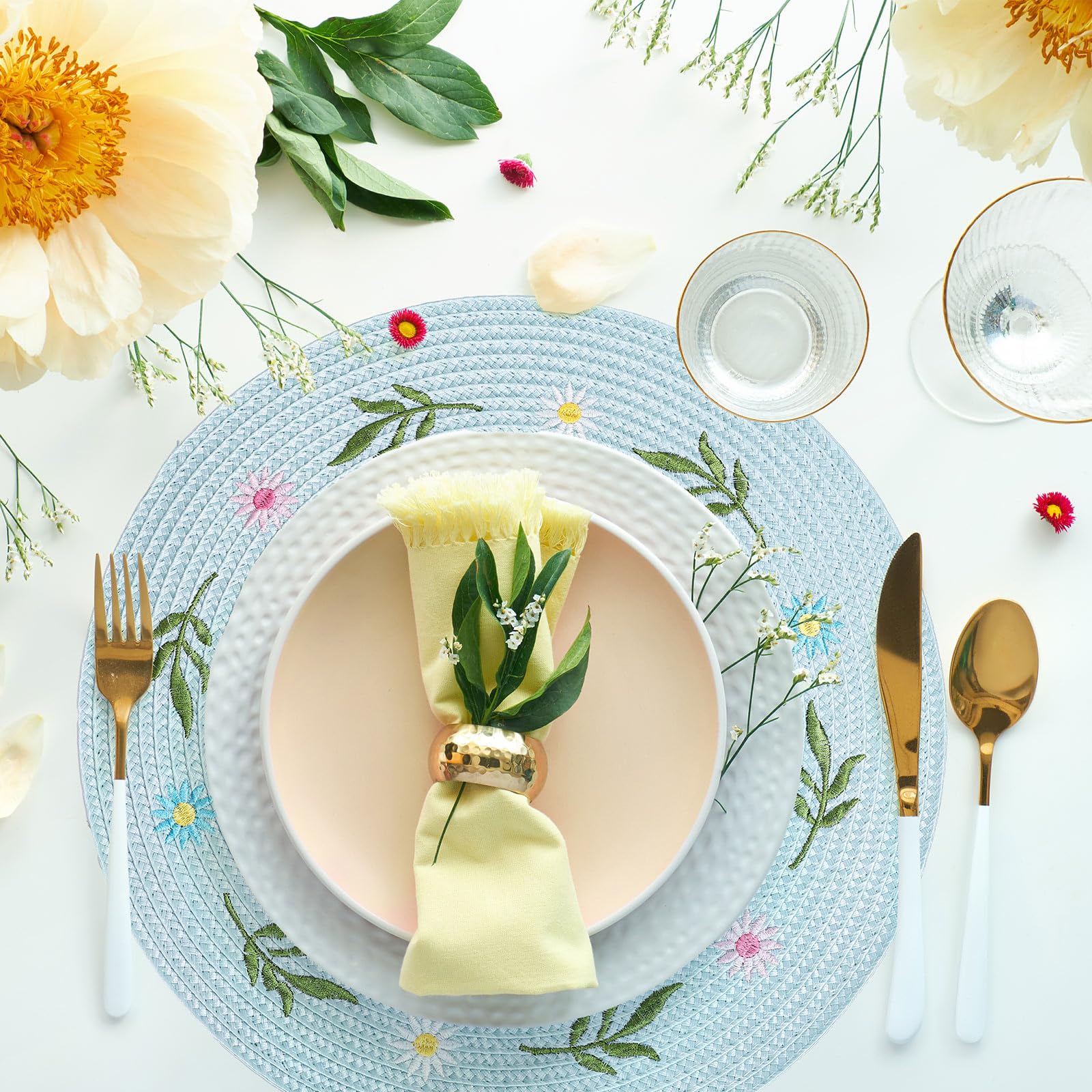 Whaline 4Pcs Round Placemats Pink Bow Embroidered Place Mats Coquette Bow Dinner Table Mats for Home Wedding Baby Shower Birthday Party Decor