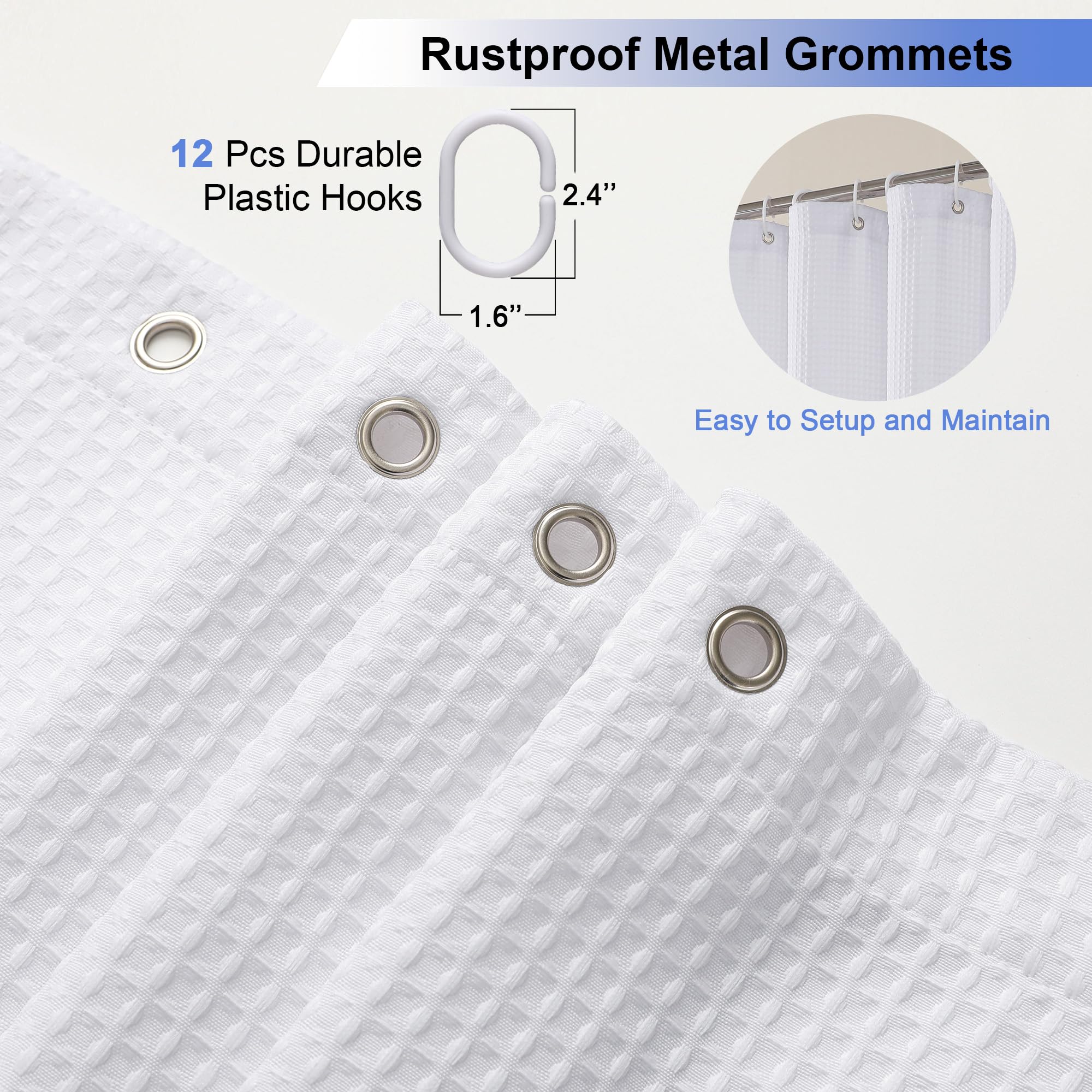 Waffle Textured Heavy Duty Fabric Shower Curtain for Bathroom, Luxury Hotel Weighted 230GSM Bath Curtain with 12 Plastic Hooks, Machine Washable, 72x72