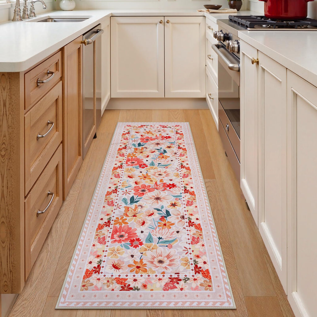 Floral Hallway Runner Rug, Runner Rugs Non Skid Washable, Low Pile Soft Boho Rugs