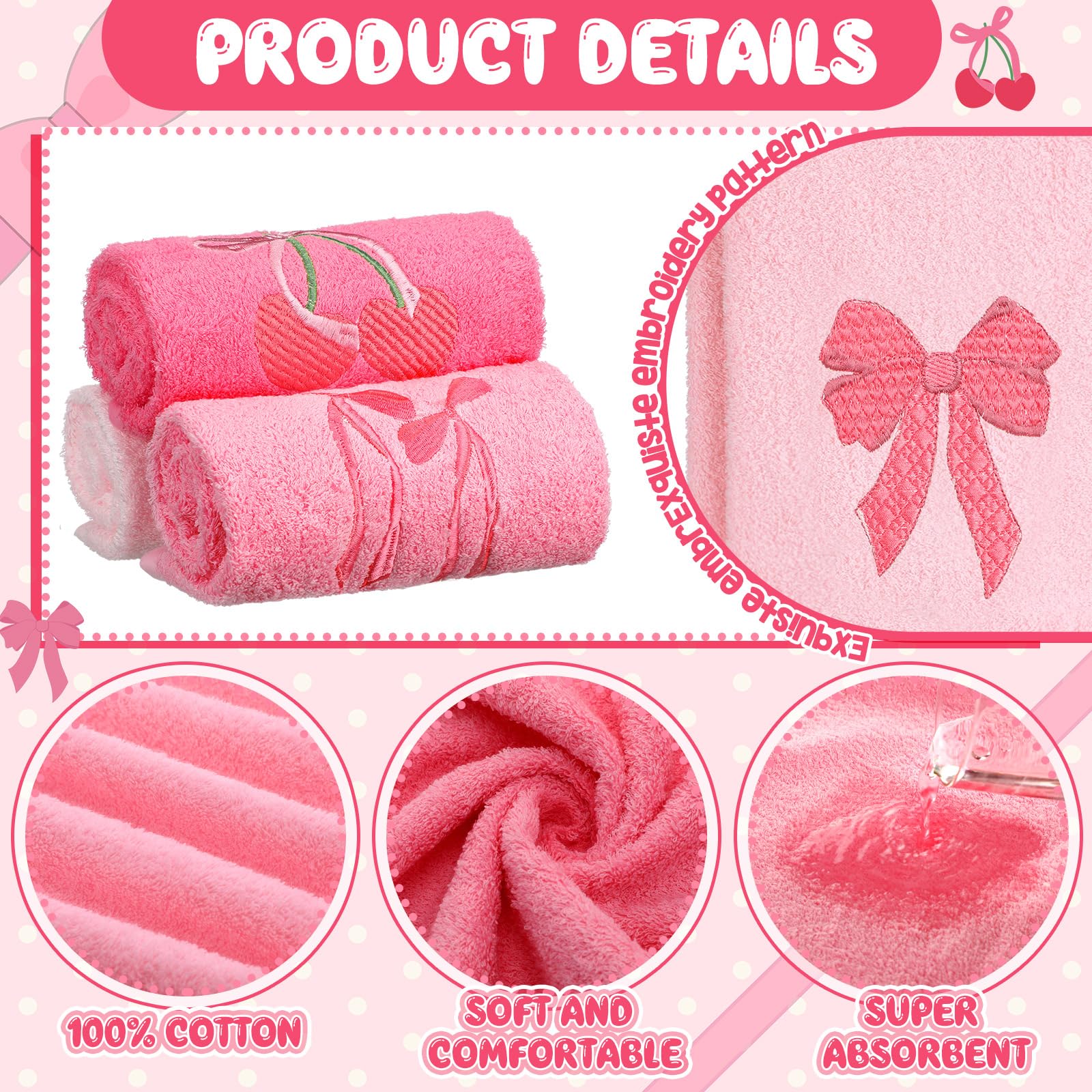 Coquette Bow Embroidered Decorative Towel 100% Cotton Soft Absorbent Kitchen Facecloth Preppy Bathroom Decor 3 Pcs, 13.7 x 29.5''