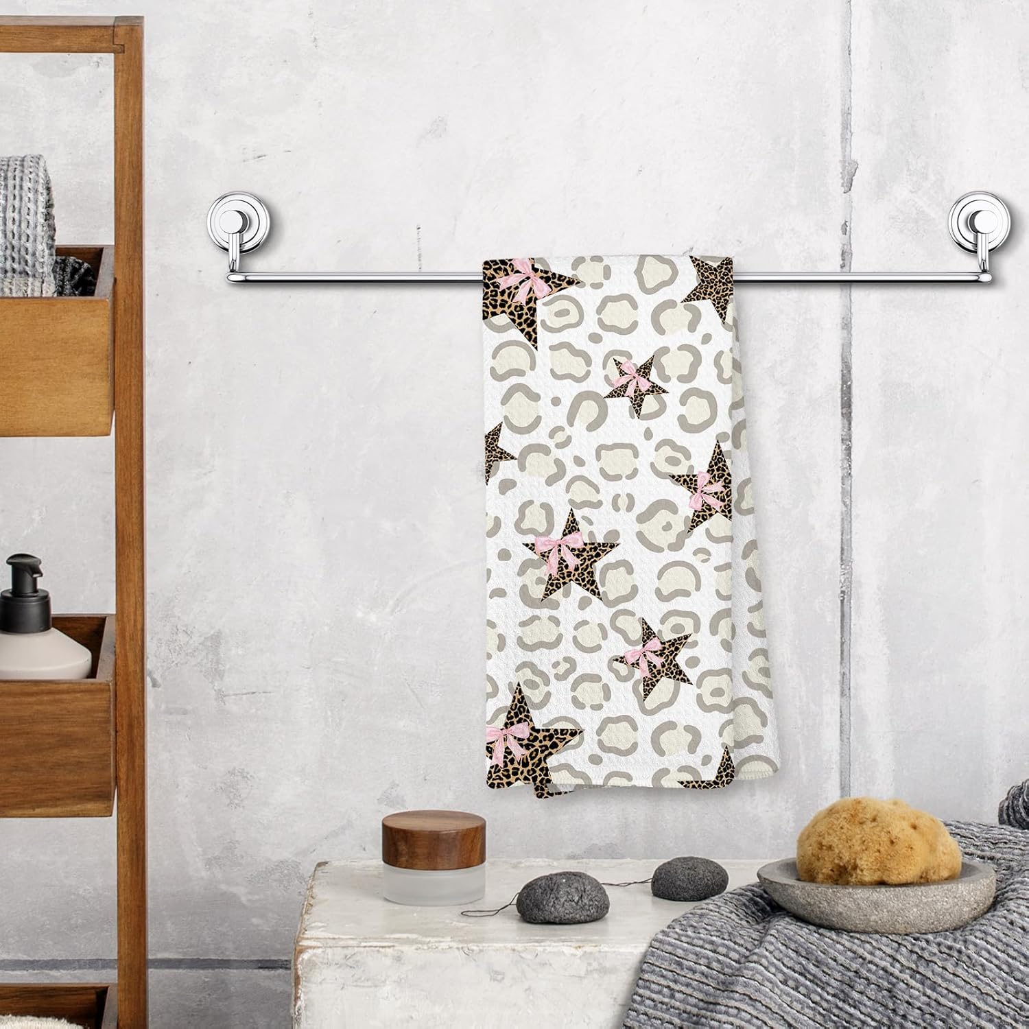 Retro Leopard Kitchen Towels, Coquette Pink Bow Cheetah, 16x24 Inch