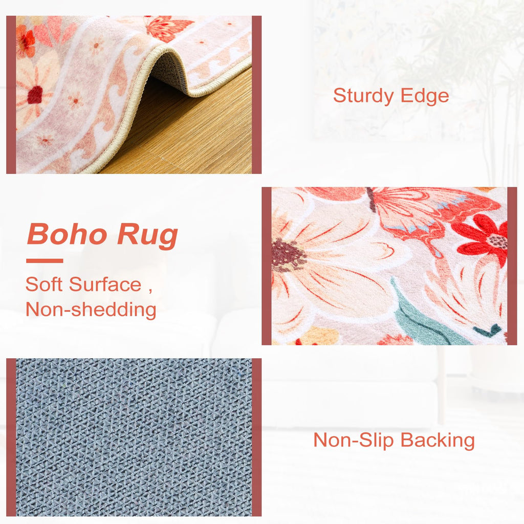 Floral Hallway Runner Rug, Runner Rugs Non Skid Washable, Low Pile Soft Boho Rugs