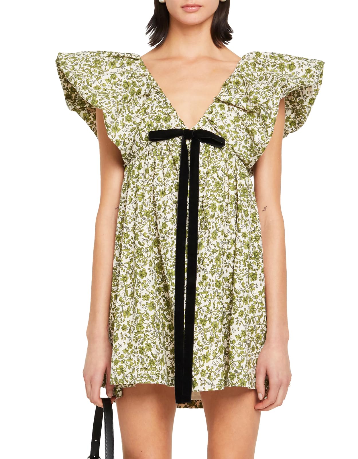 Women's Mini Dress V Neck Puff Sleeve Dress Short Babydoll Bow Dress