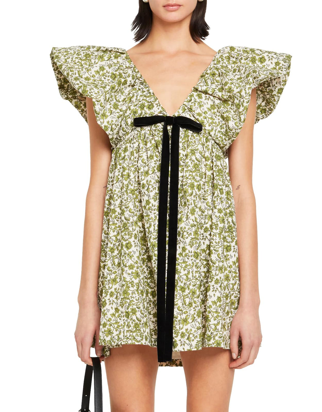 Women's Mini Dress V Neck Puff Sleeve Dress Short Babydoll Bow Dress