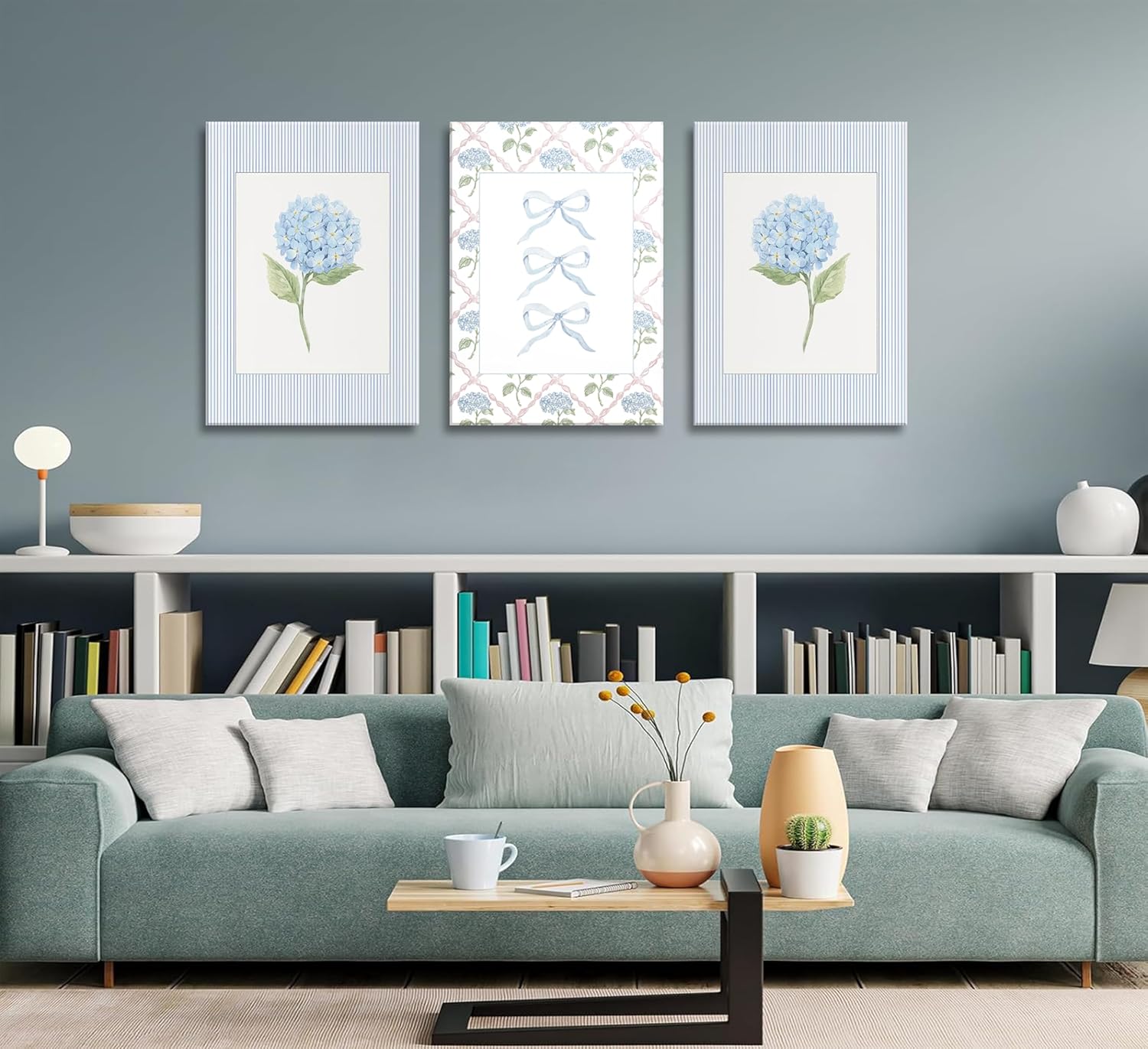 Blue Hydrangea Canvas Wall Art -  Watercolor Bow Coquette Paintings Posters