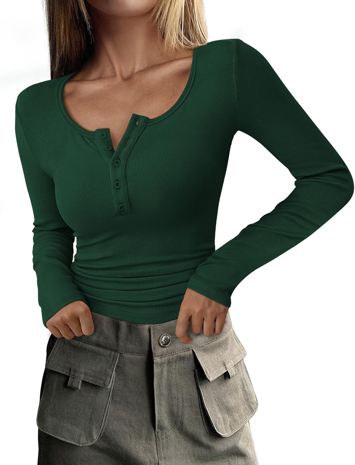 Women's Long Sleeve T Shirts Button Ribbed Knit Slim Fit Basic Tops Blouse