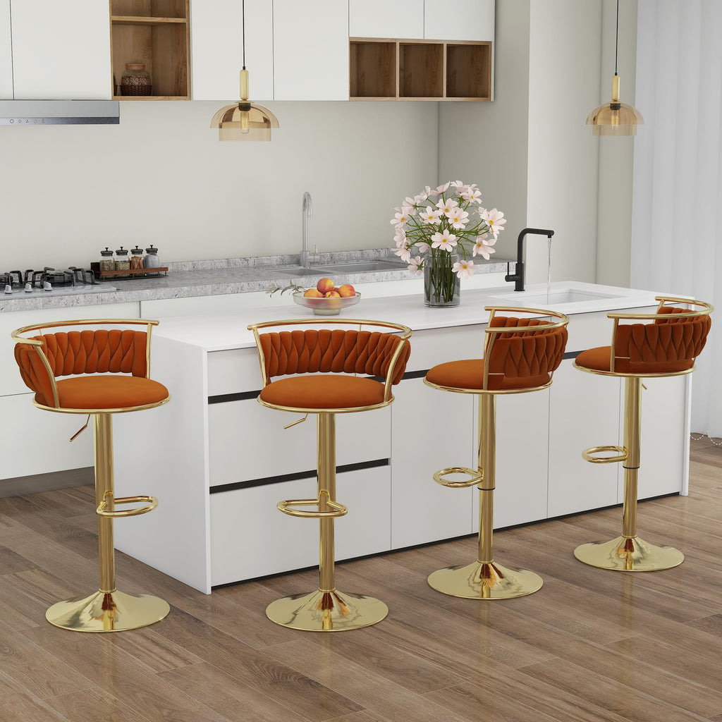 Velvet Swivel Bar Stools, Adjustable Counter Height Bar Chairs with Low Back & Footrest, Modern Gold Bar Stools for Kitchen Island, Bar Pub