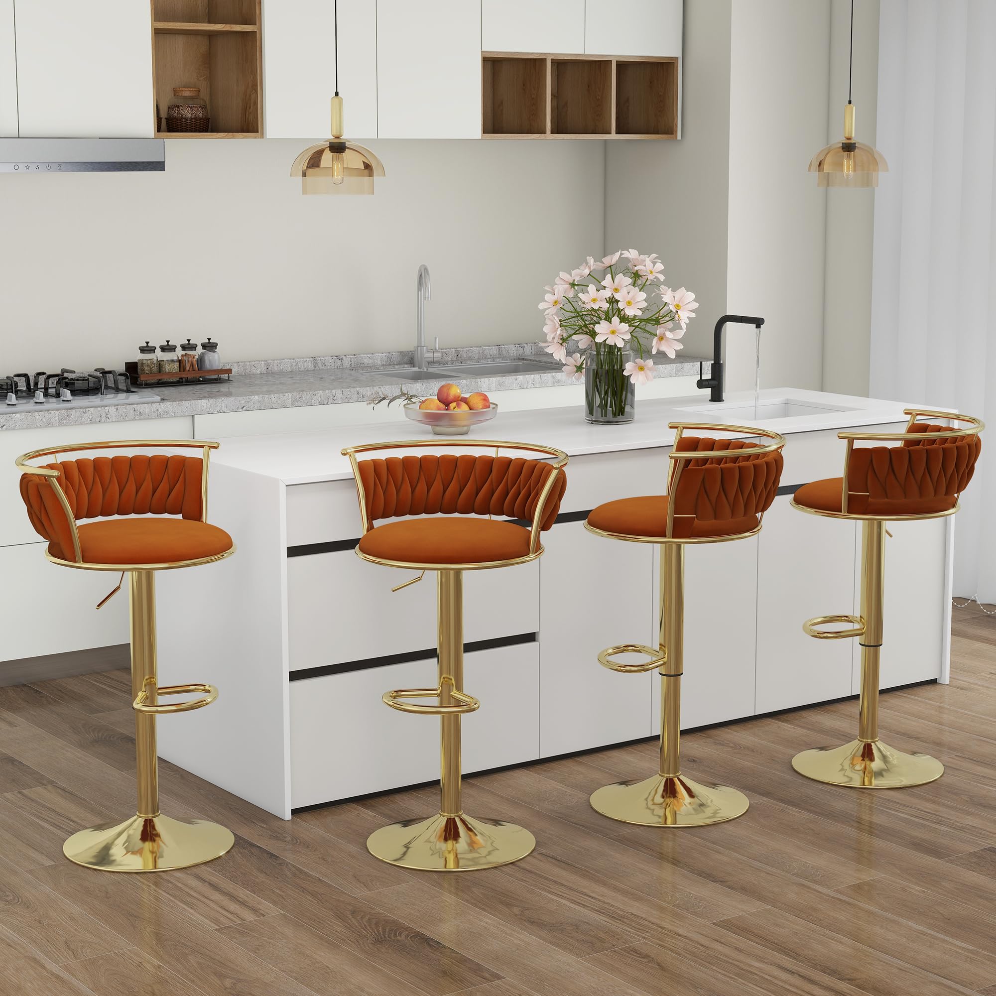 Velvet Swivel Bar Stools, Adjustable Counter Height Bar Chairs with Low Back & Footrest, Modern Gold Bar Stools for Kitchen Island, Bar Pub
