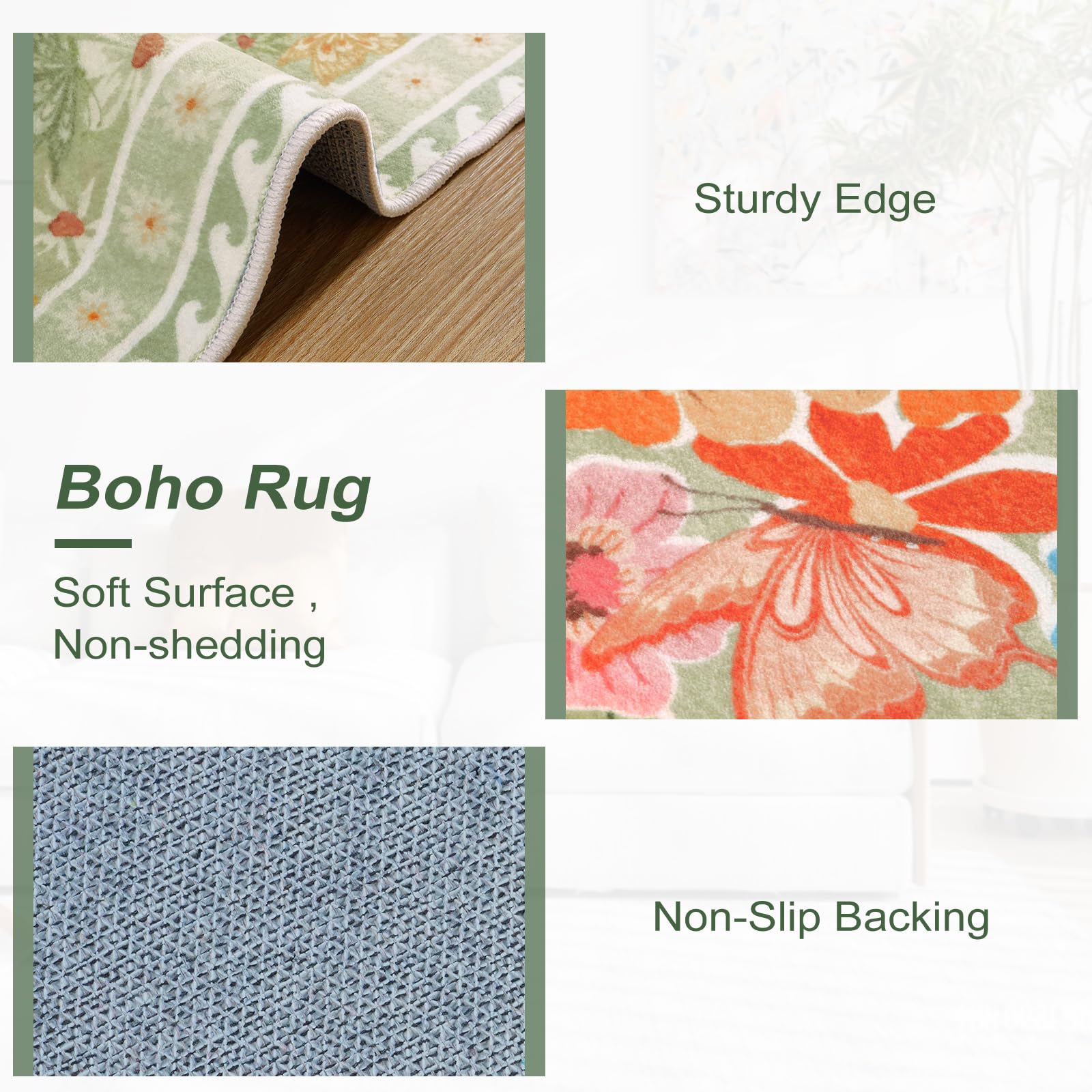 Floral Hallway Runner Rug, Runner Rugs Non Skid Washable, Low Pile Soft Boho Rugs